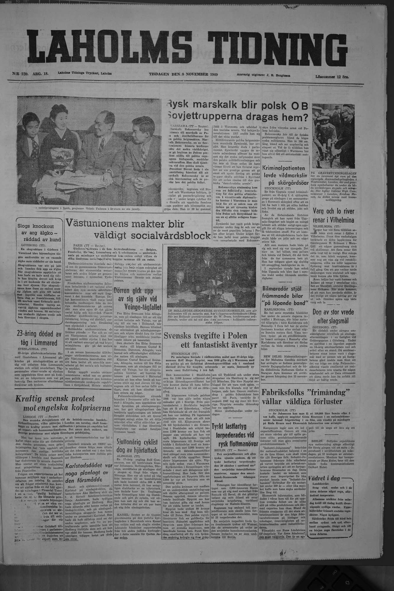 Laholms Tidning Tisdag 8 november 1949, sida 1