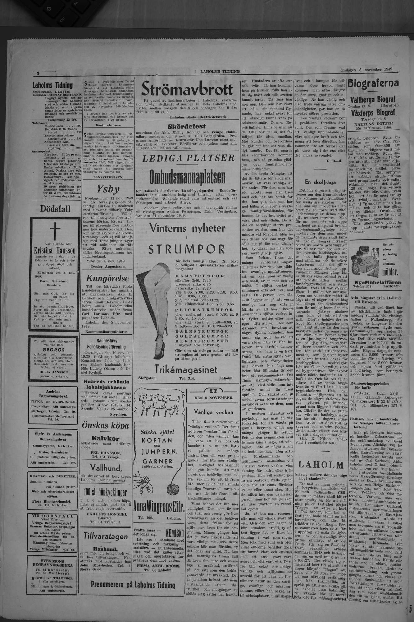 Laholms Tidning Tisdag 8 november 1949, sida 2