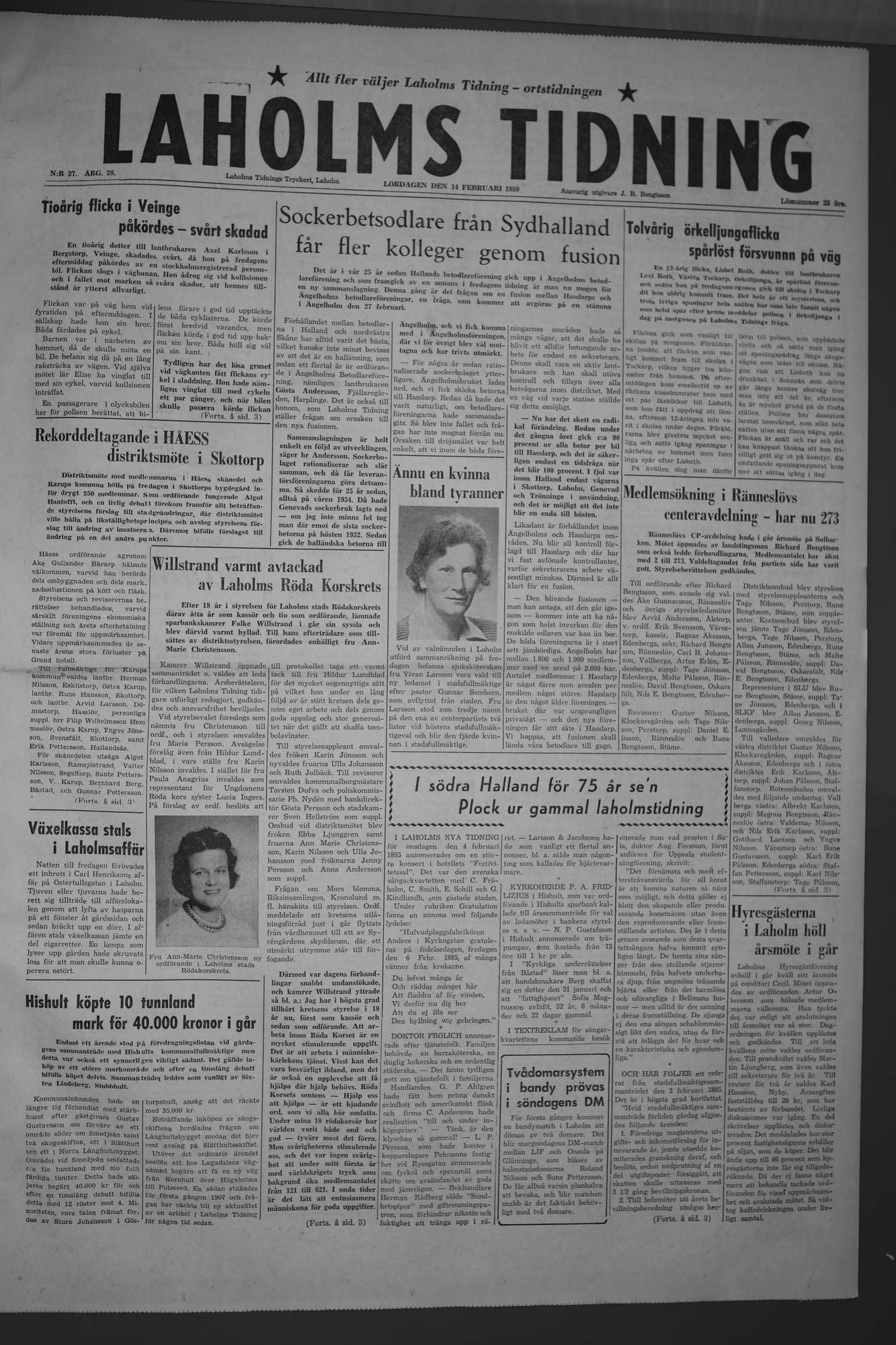 Laholms Tidning Lördag 14 februari 1959, sida 1