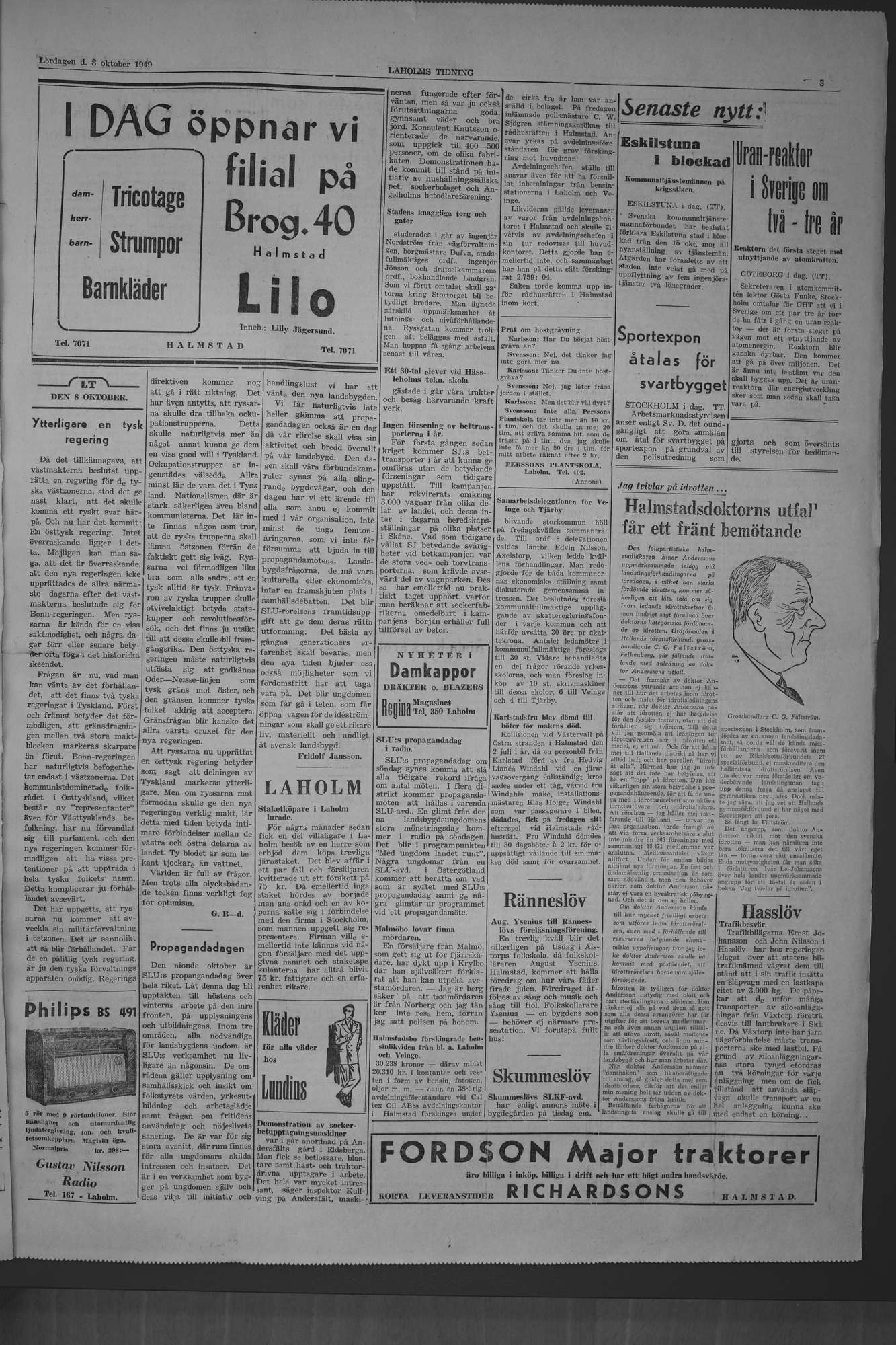 Laholms Tidning Lördag 8 oktober 1949, sida 3