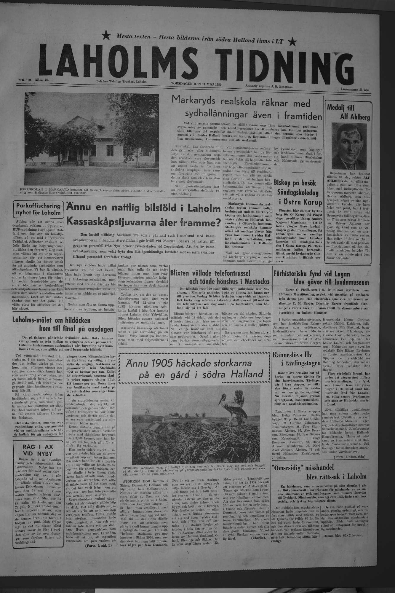 Laholms Tidning Torsdag 14 maj 1959, sida 1
