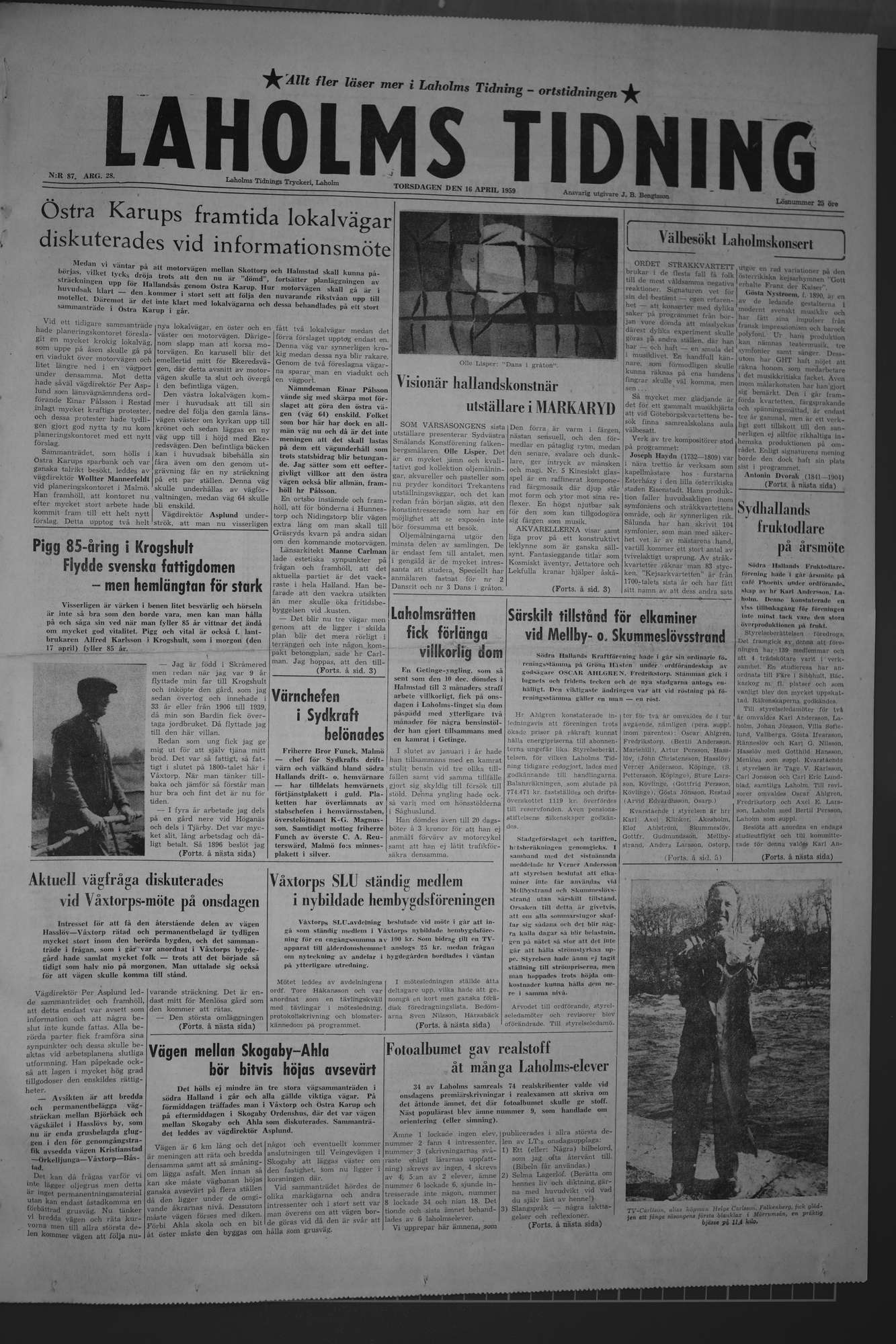 Laholms Tidning Torsdag 16 april 1959, sida 1