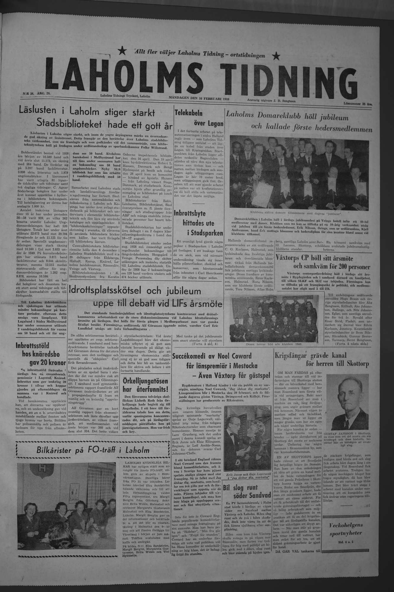 Laholms Tidning Måndag 16 februari 1959, sida 1
