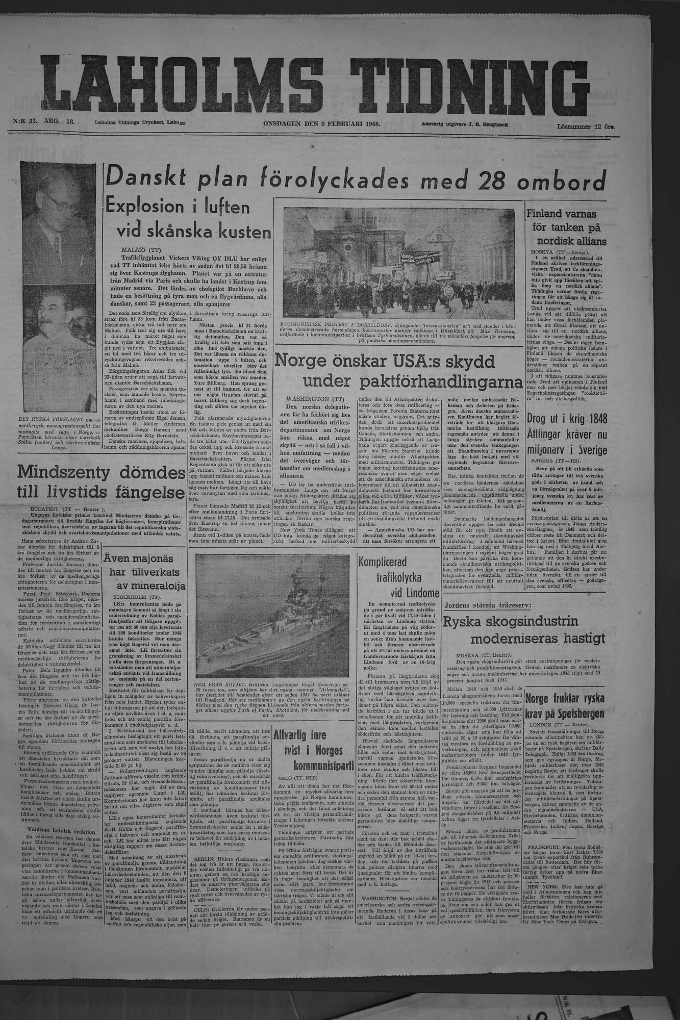 Laholms Tidning Onsdag 9 februari 1949, sida 1