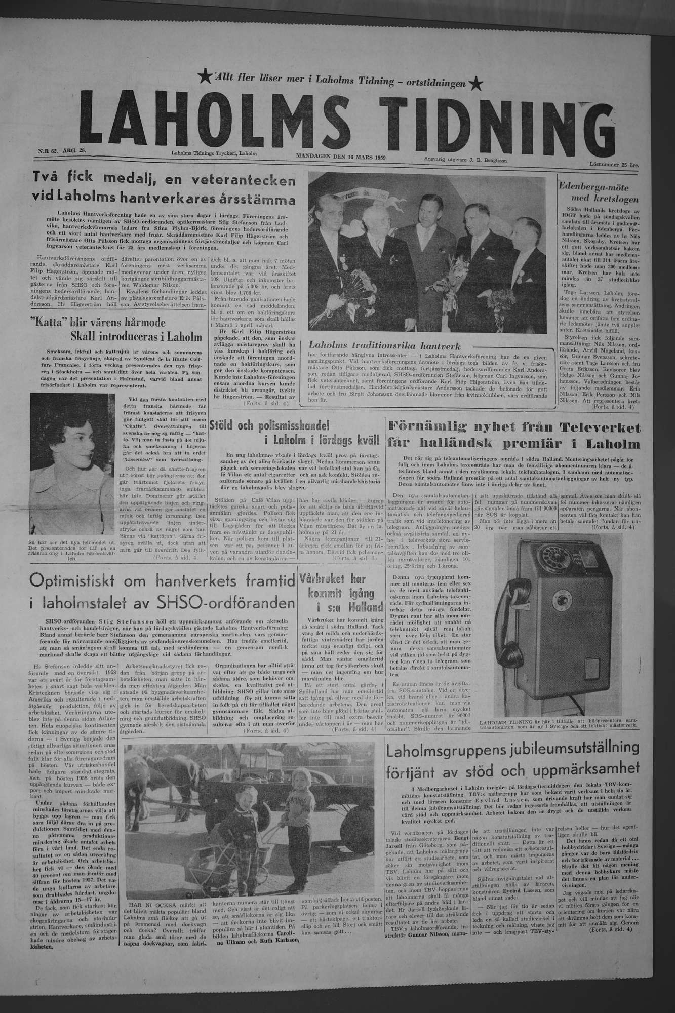 Laholms Tidning Måndag 16 mars 1959, sida 1