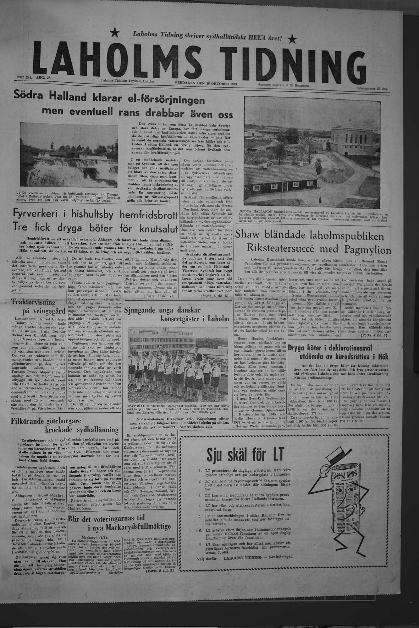 Laholms Tidning Fredag 16 oktober 1959, sida 1