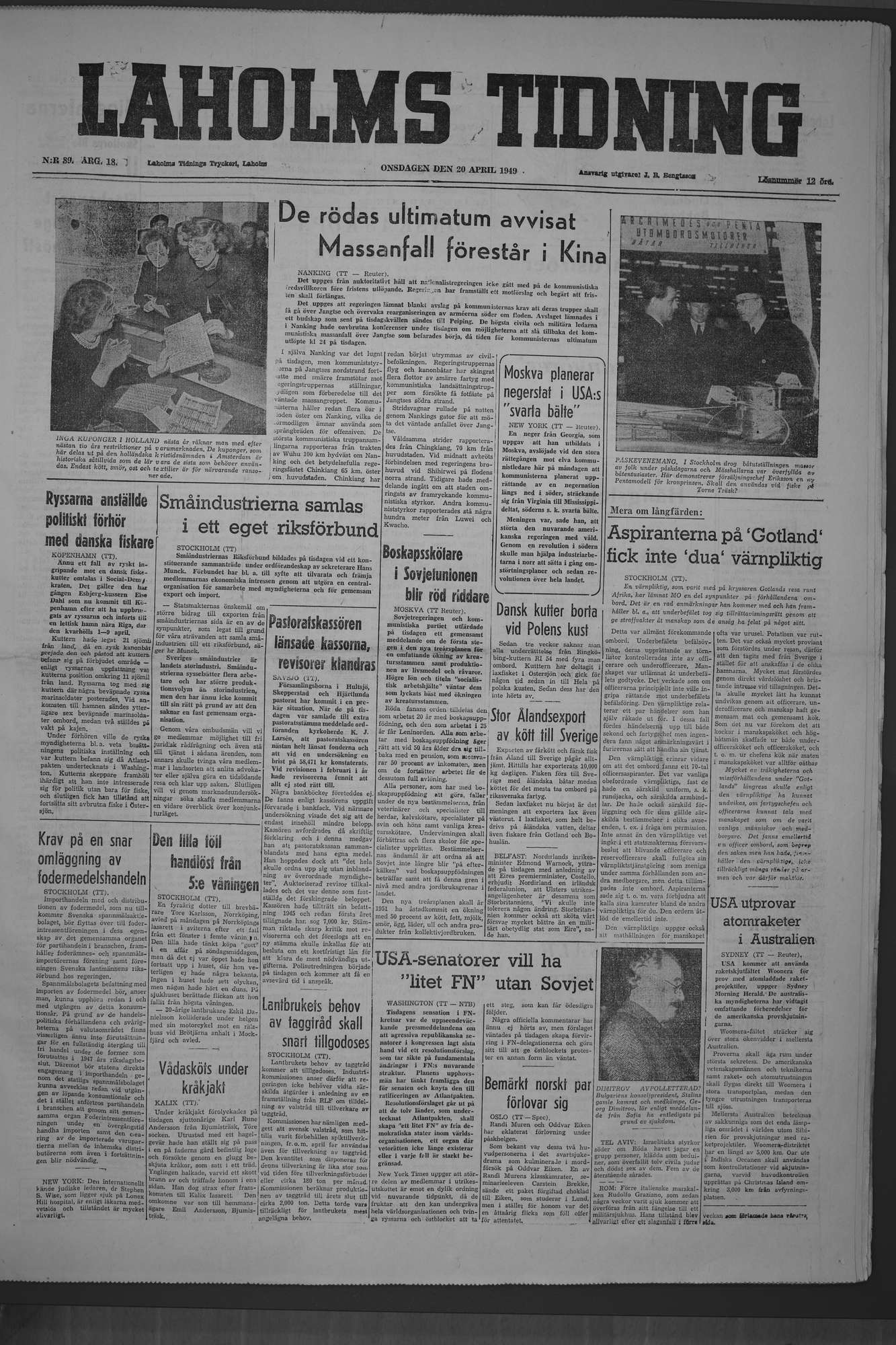 Laholms Tidning Onsdag 20 april 1949, sida 1