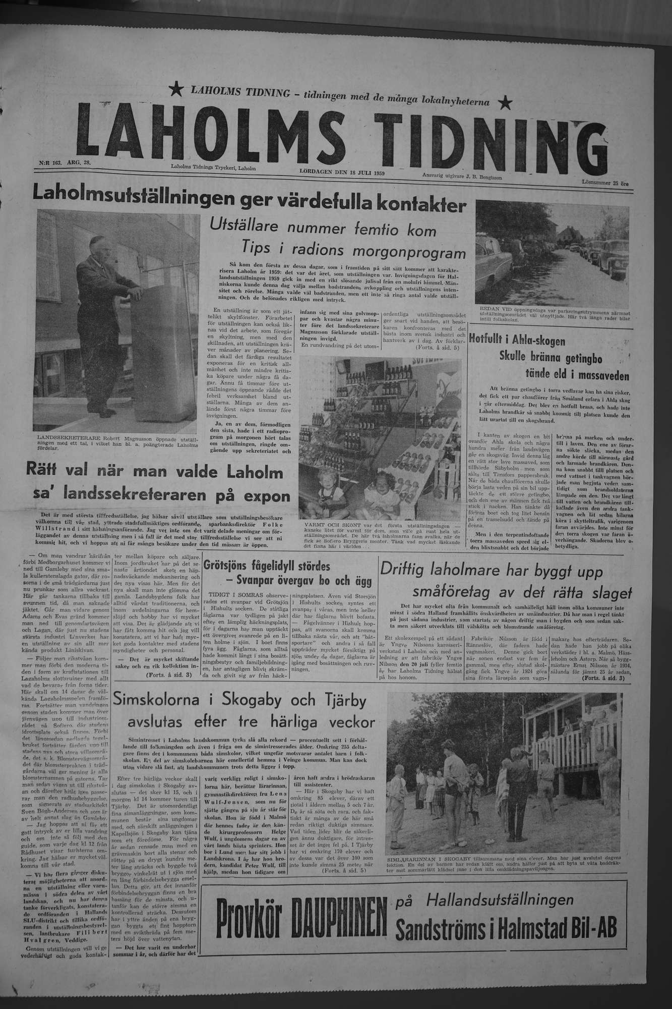Laholms Tidning Lördag 18 juli 1959, sida 1