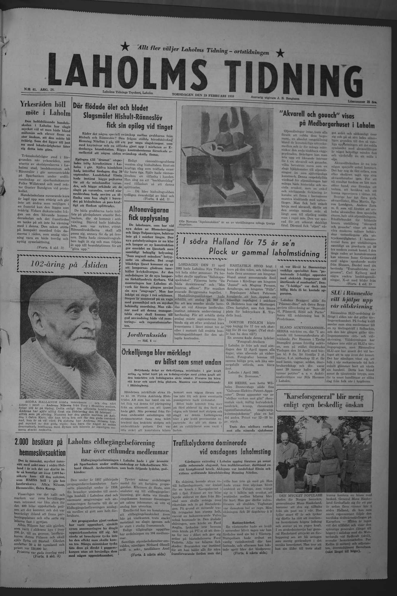 Laholms Tidning Torsdag 19 februari 1959, sida 1
