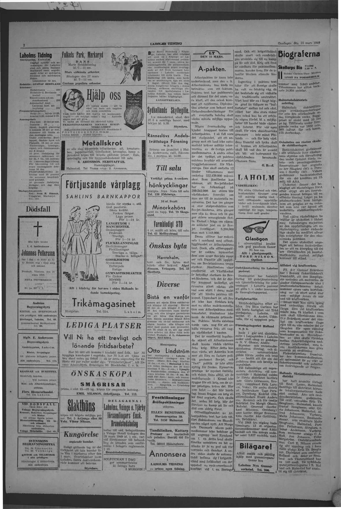 Laholms Tidning Onsdag 23 mars 1949, sida 2