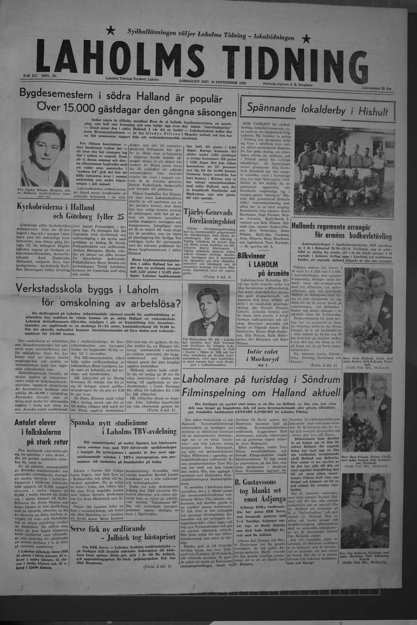 Laholms Tidning Lördag 19 september 1959, sida 1