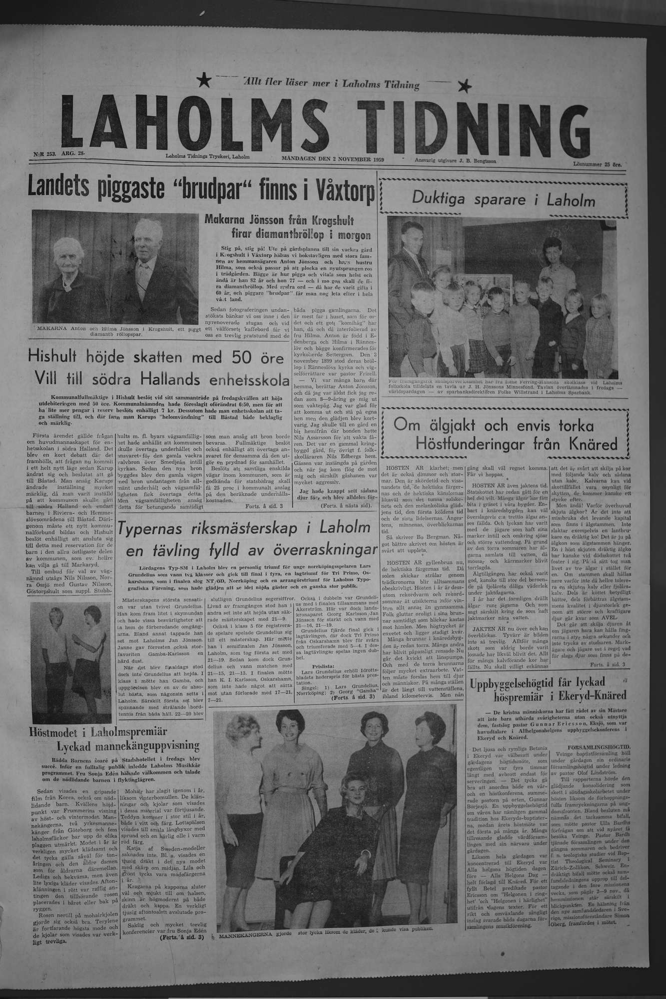 Laholms Tidning Måndag 2 november 1959, sida 1