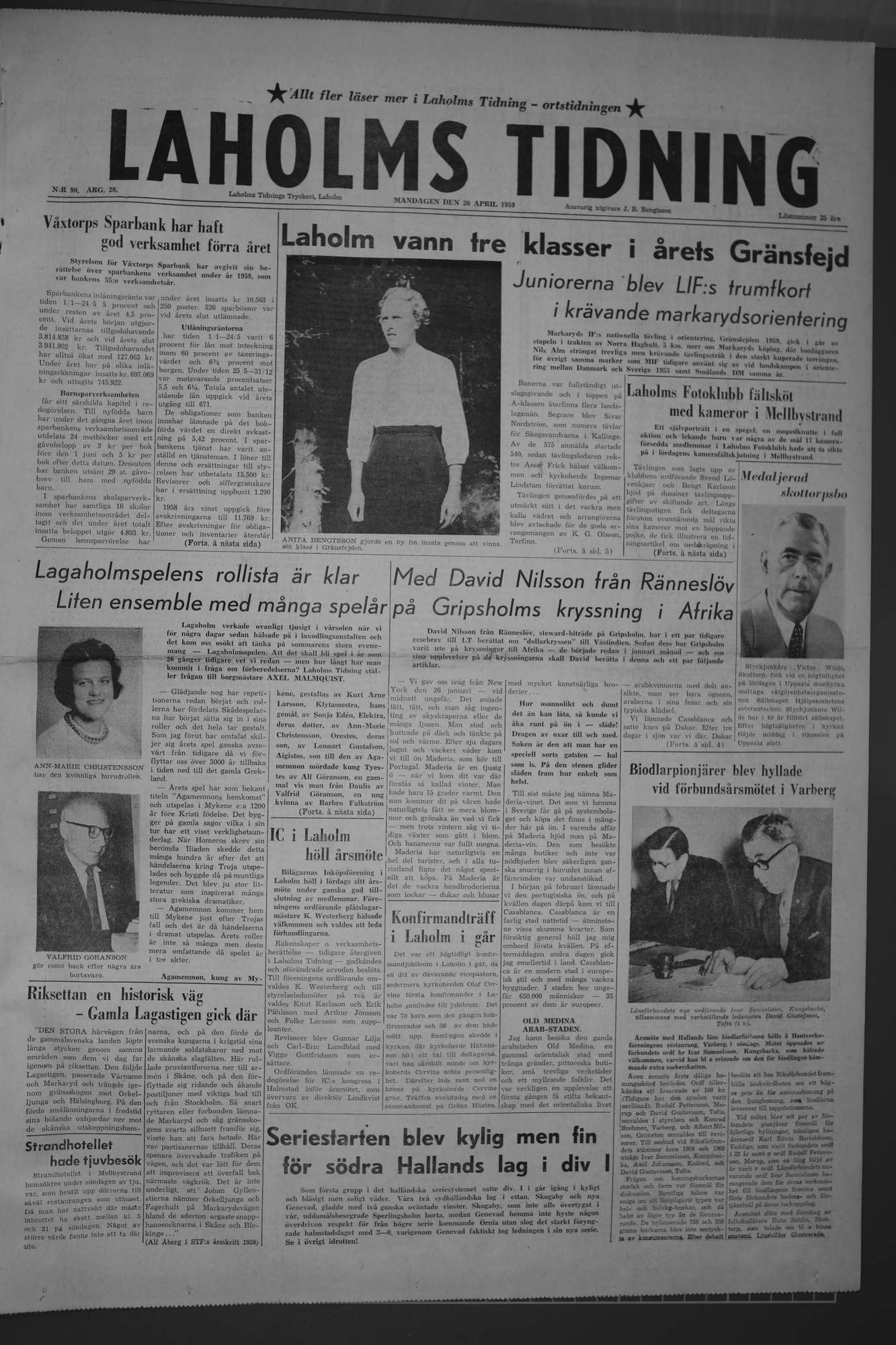 Laholms Tidning Måndag 20 april 1959, sida 1