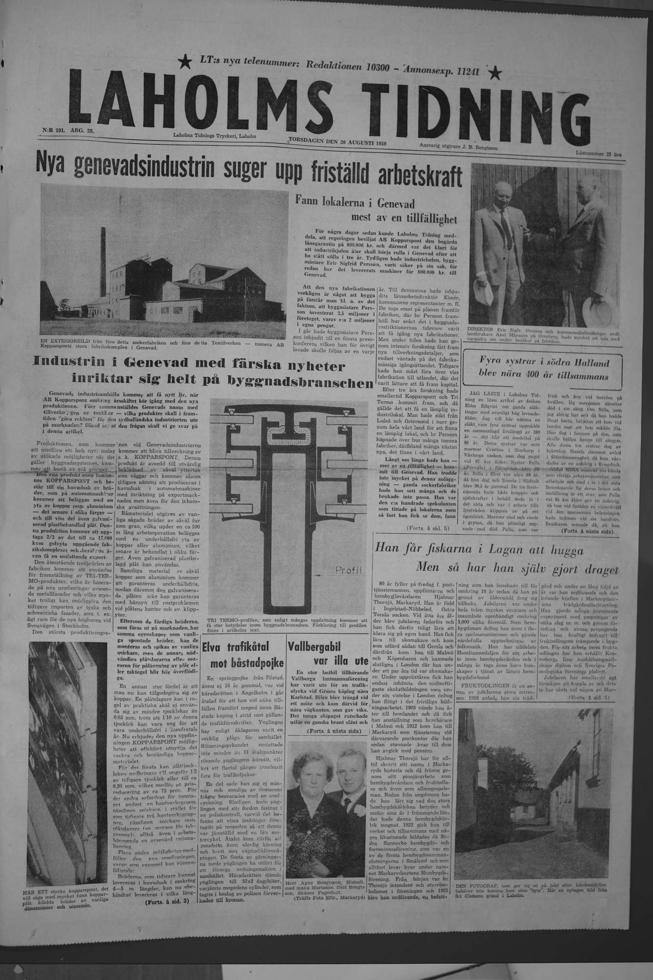 Laholms Tidning Torsdag 20 augusti 1959, sida 1