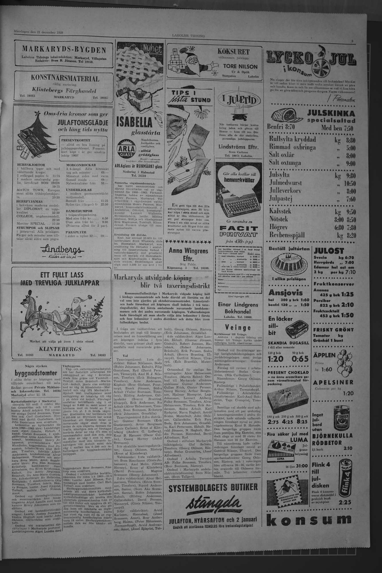 Laholms Tidning Måndag 21 december 1959, sida 3