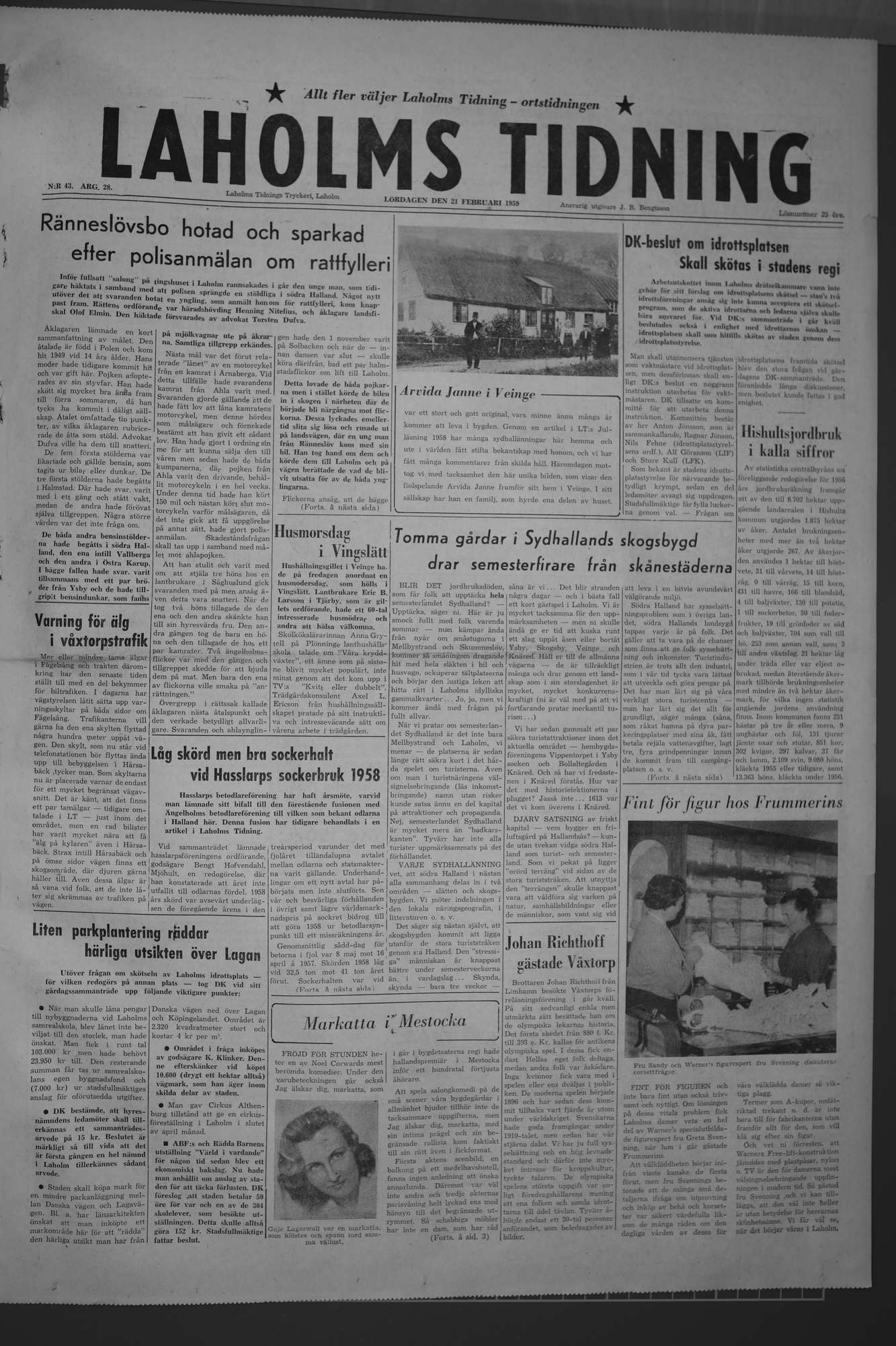 Laholms Tidning Lördag 21 februari 1959, sida 1