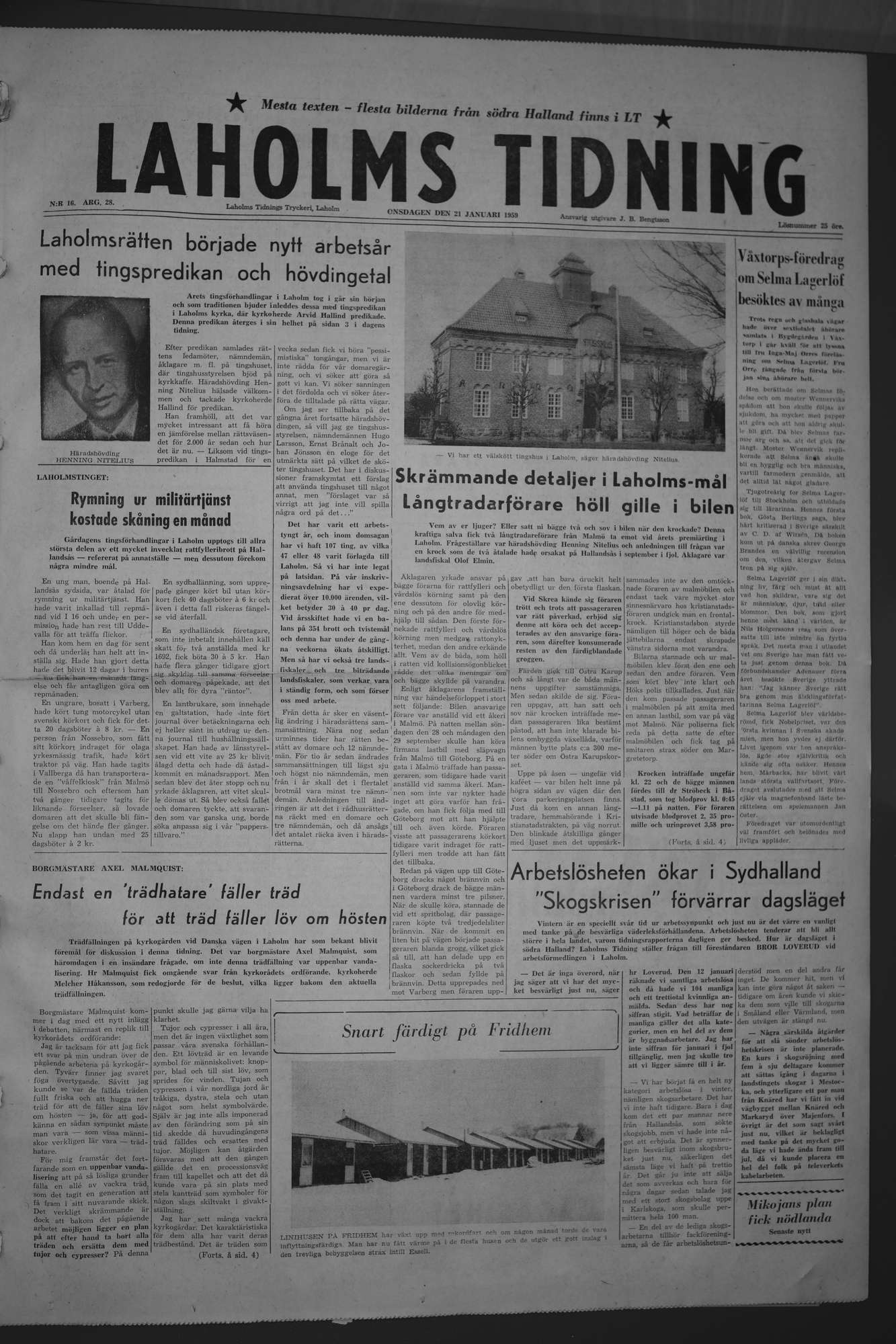 Laholms Tidning Onsdag 21 januari 1959, sida 1