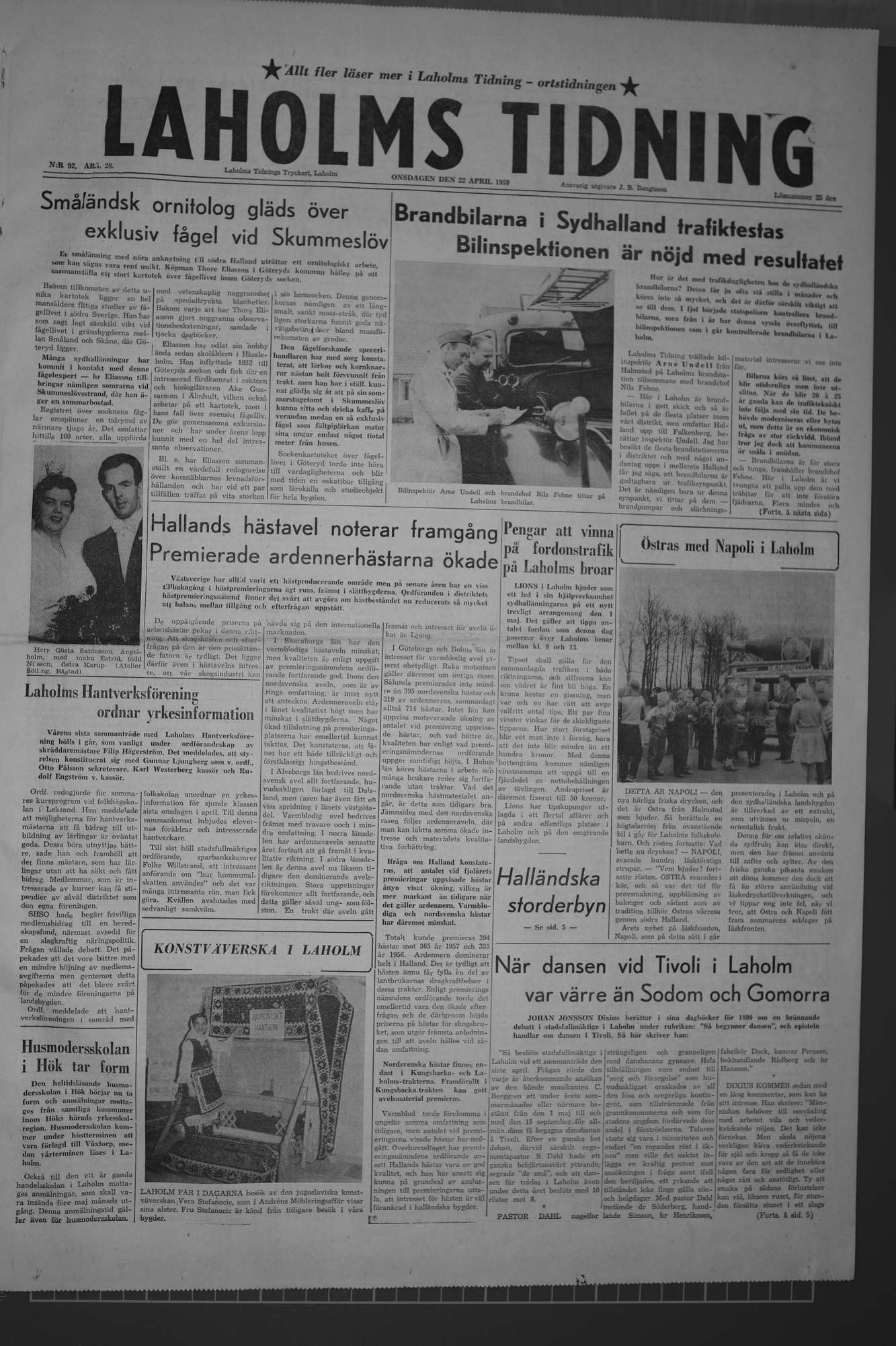 Laholms Tidning Onsdag 22 april 1959, sida 1