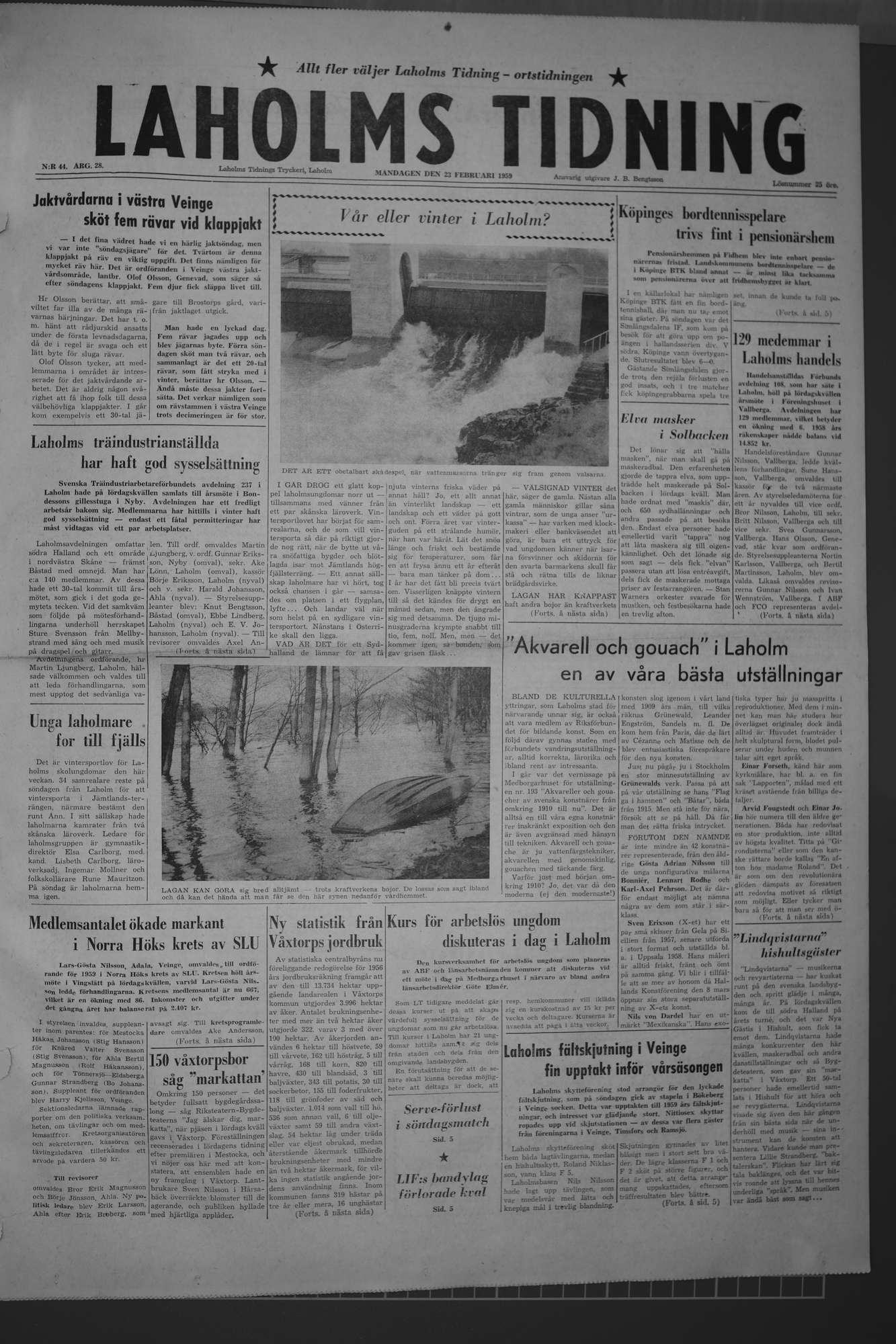 Laholms Tidning Måndag 23 februari 1959, sida 1