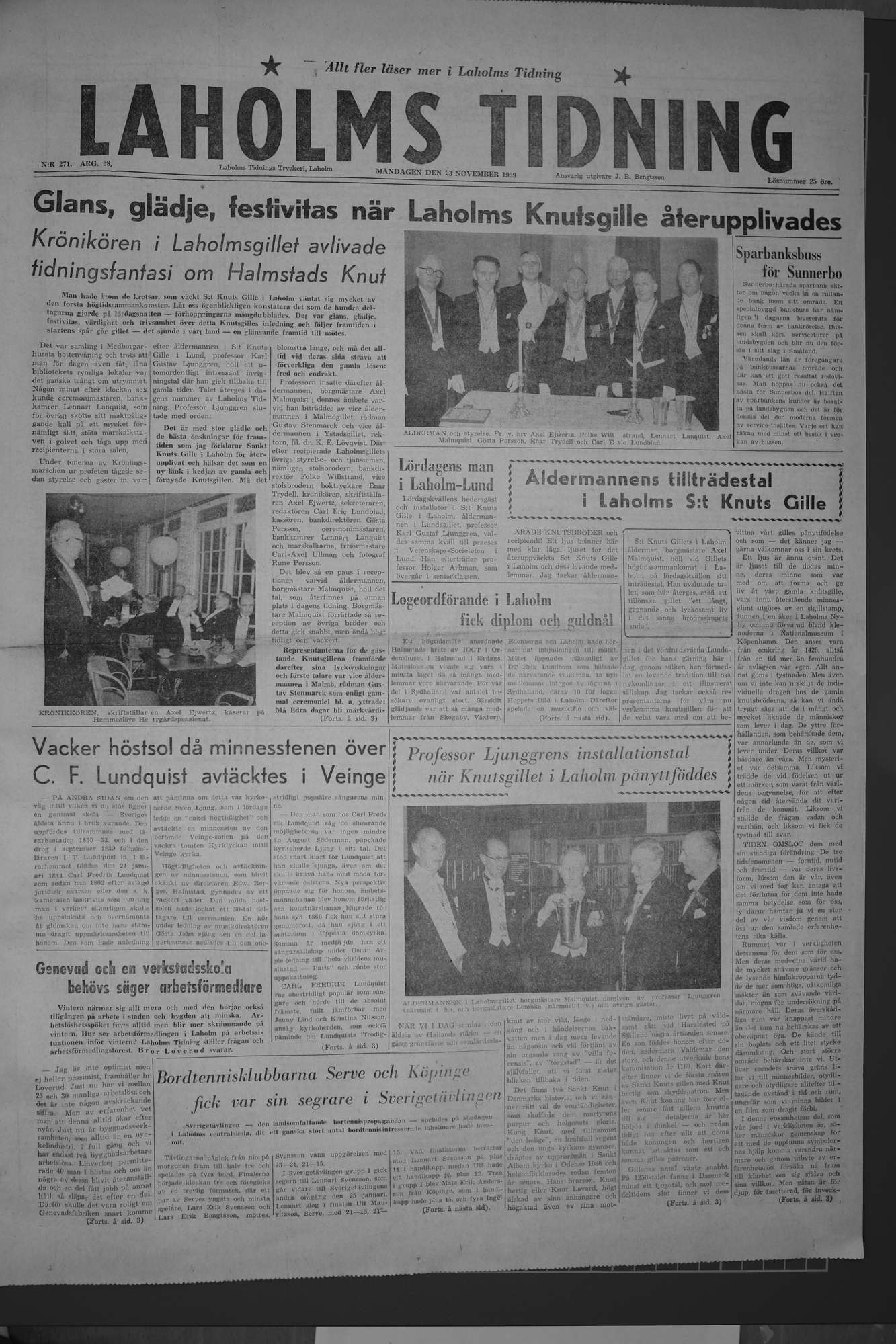 Laholms Tidning Måndag 23 november 1959, sida 1