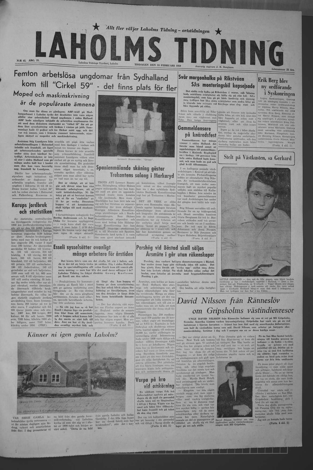 Laholms Tidning Tisdag 24 februari 1959, sida 1