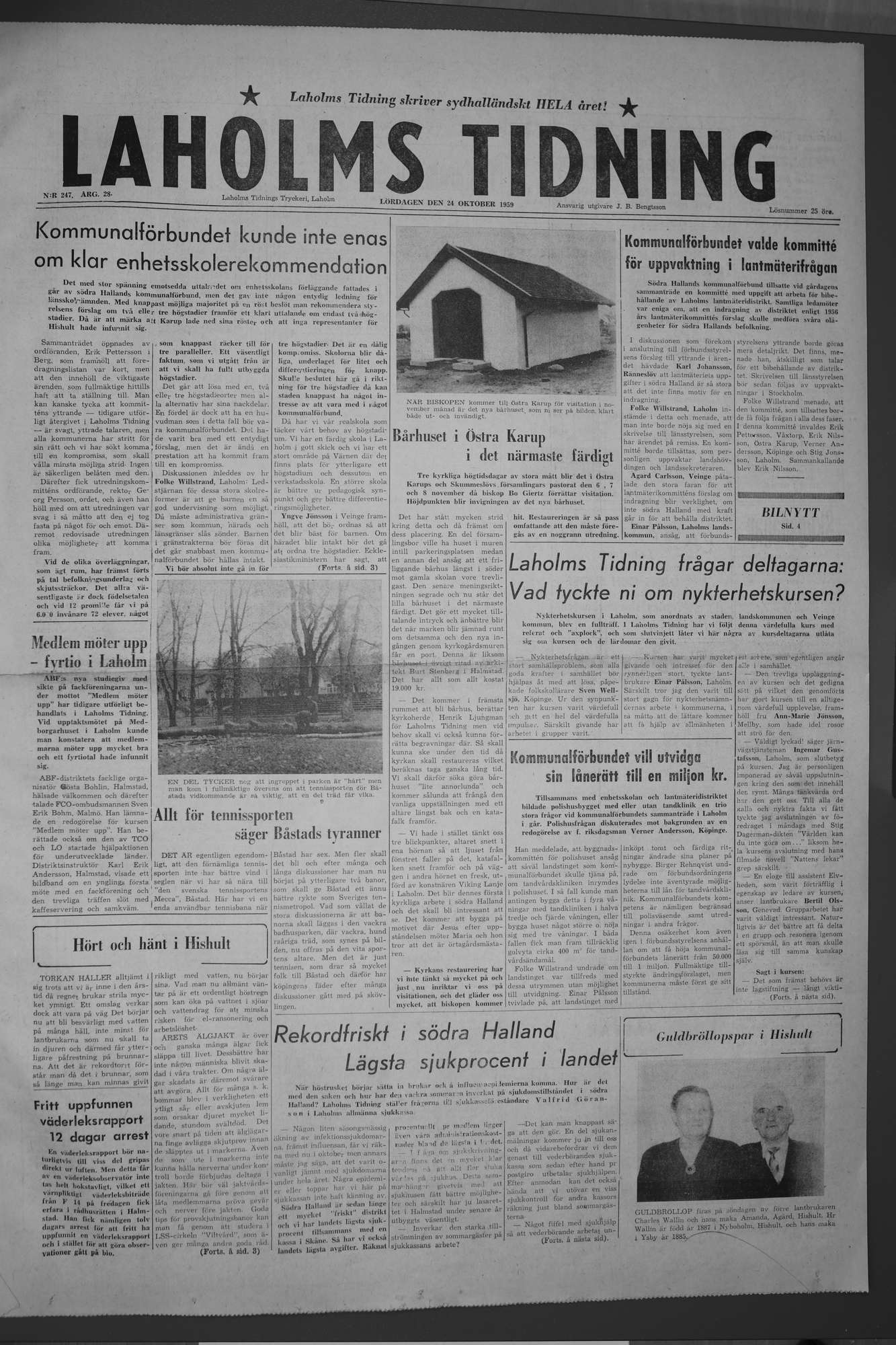 Laholms Tidning Lördag 24 oktober 1959, sida 1