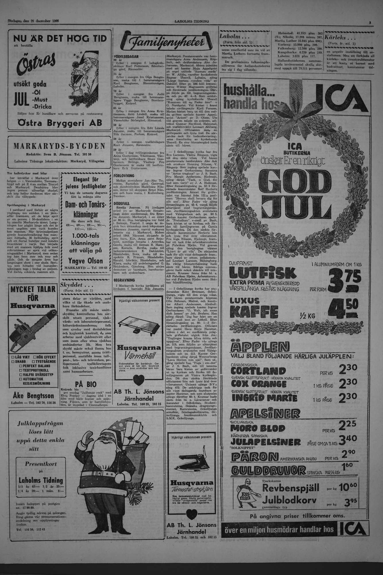 Laholms Tidning Tisdag 21 december 1965, sida 3