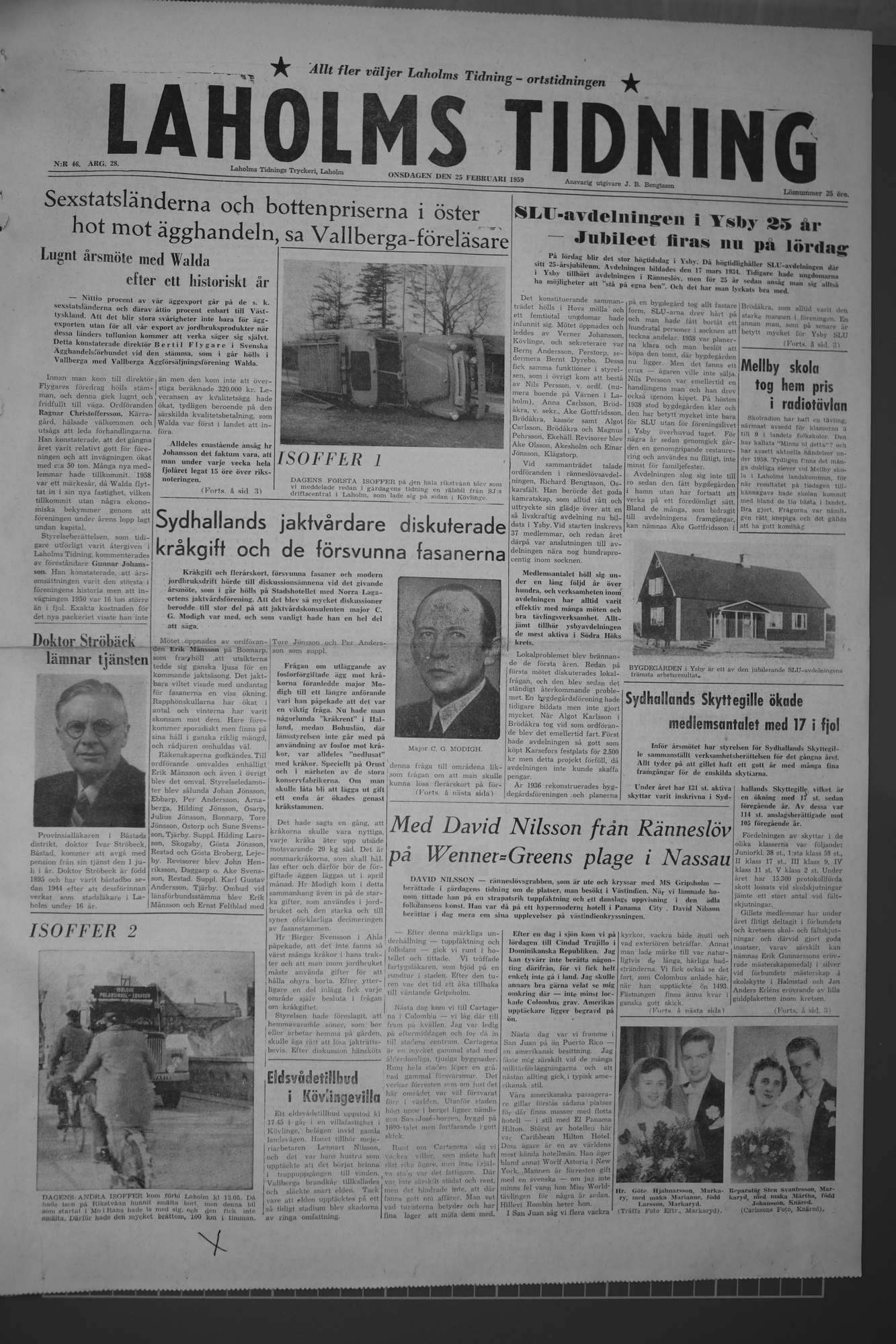 Laholms Tidning Onsdag 25 februari 1959, sida 1