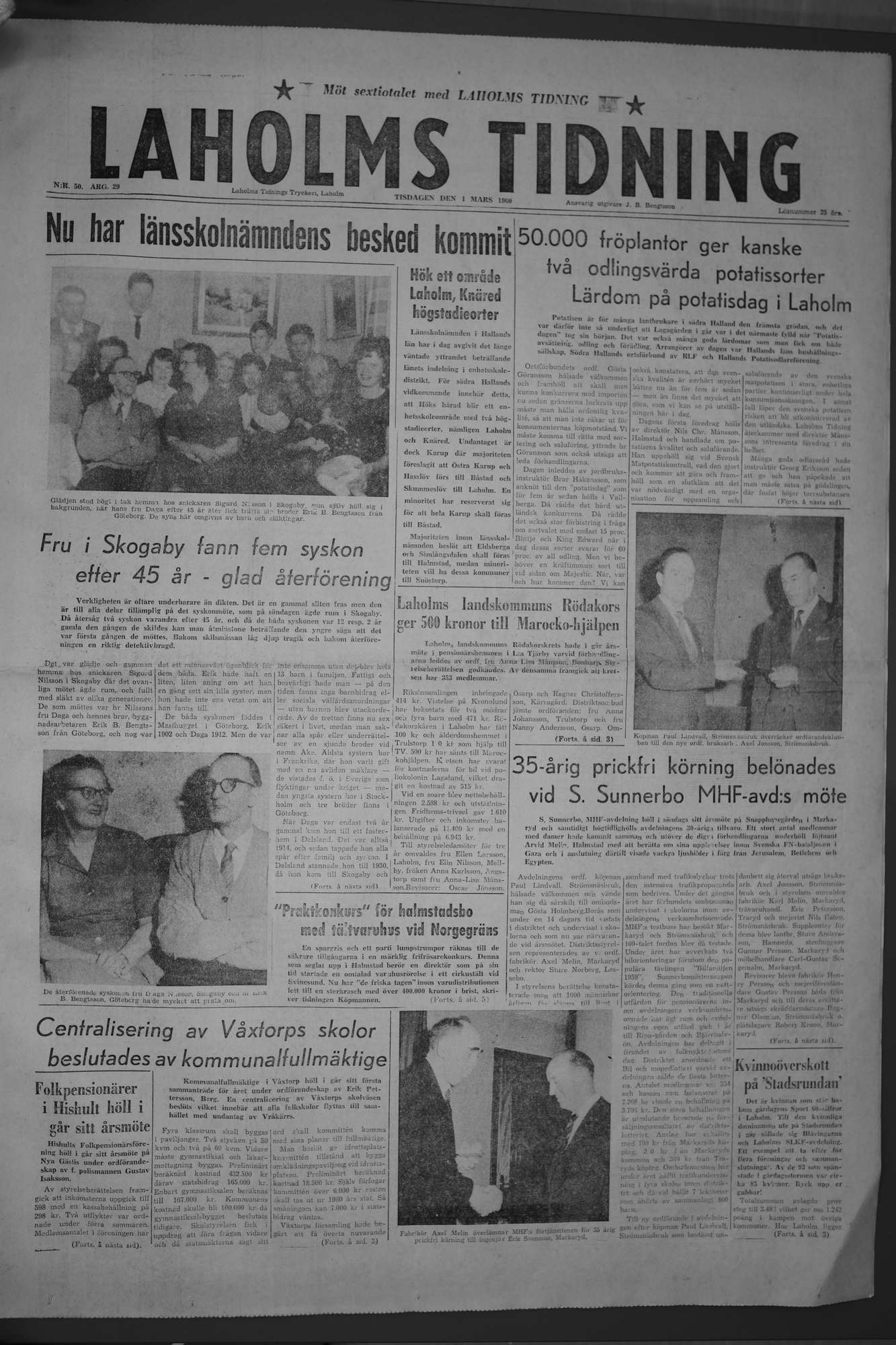 Laholms Tidning Tisdag 1 mars 1960, sida 1
