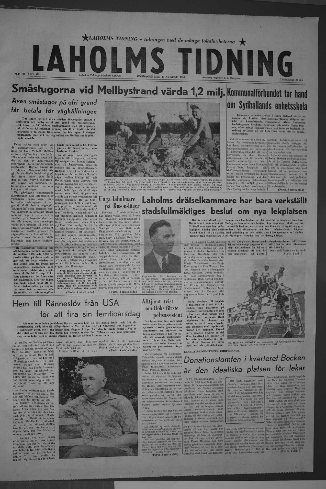 Laholms Tidning Onsdag 26 augusti 1959, sida 1