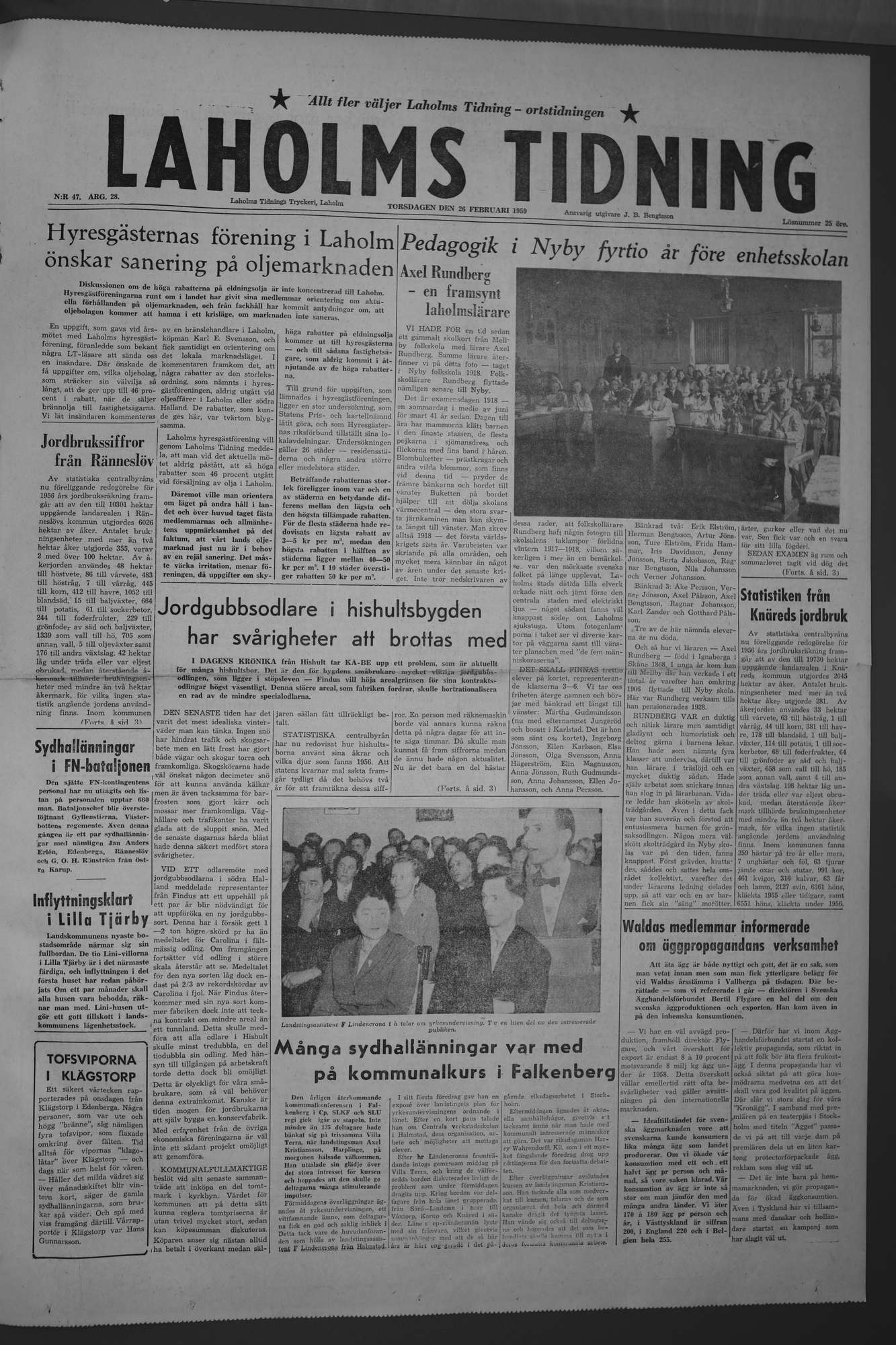 Laholms Tidning Torsdag 26 februari 1959, sida 1