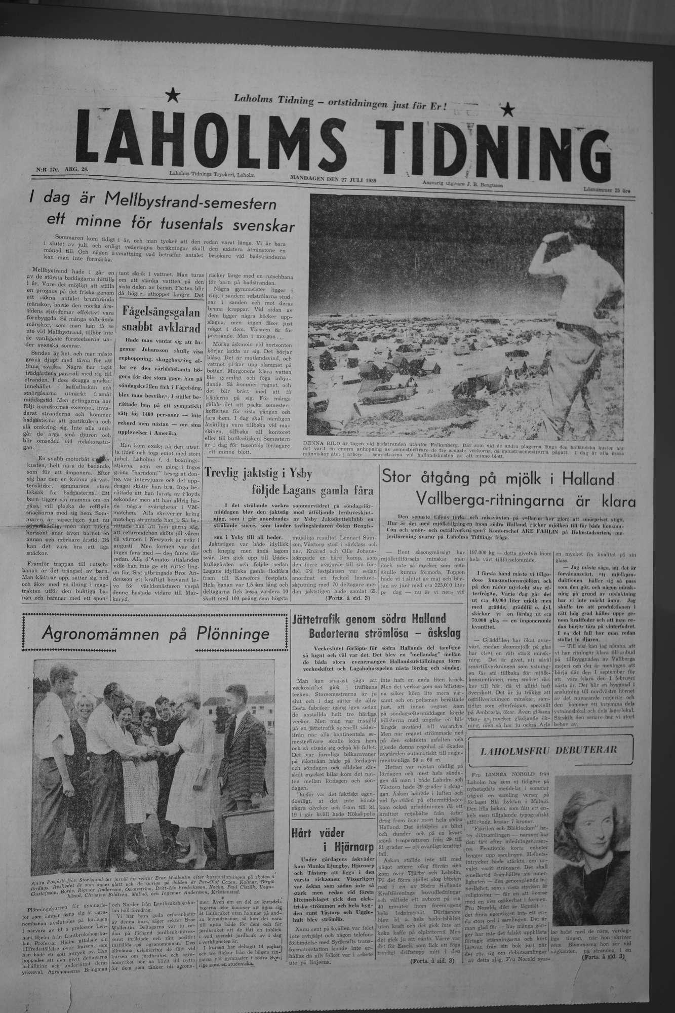 Laholms Tidning Måndag 27 juli 1959, sida 1