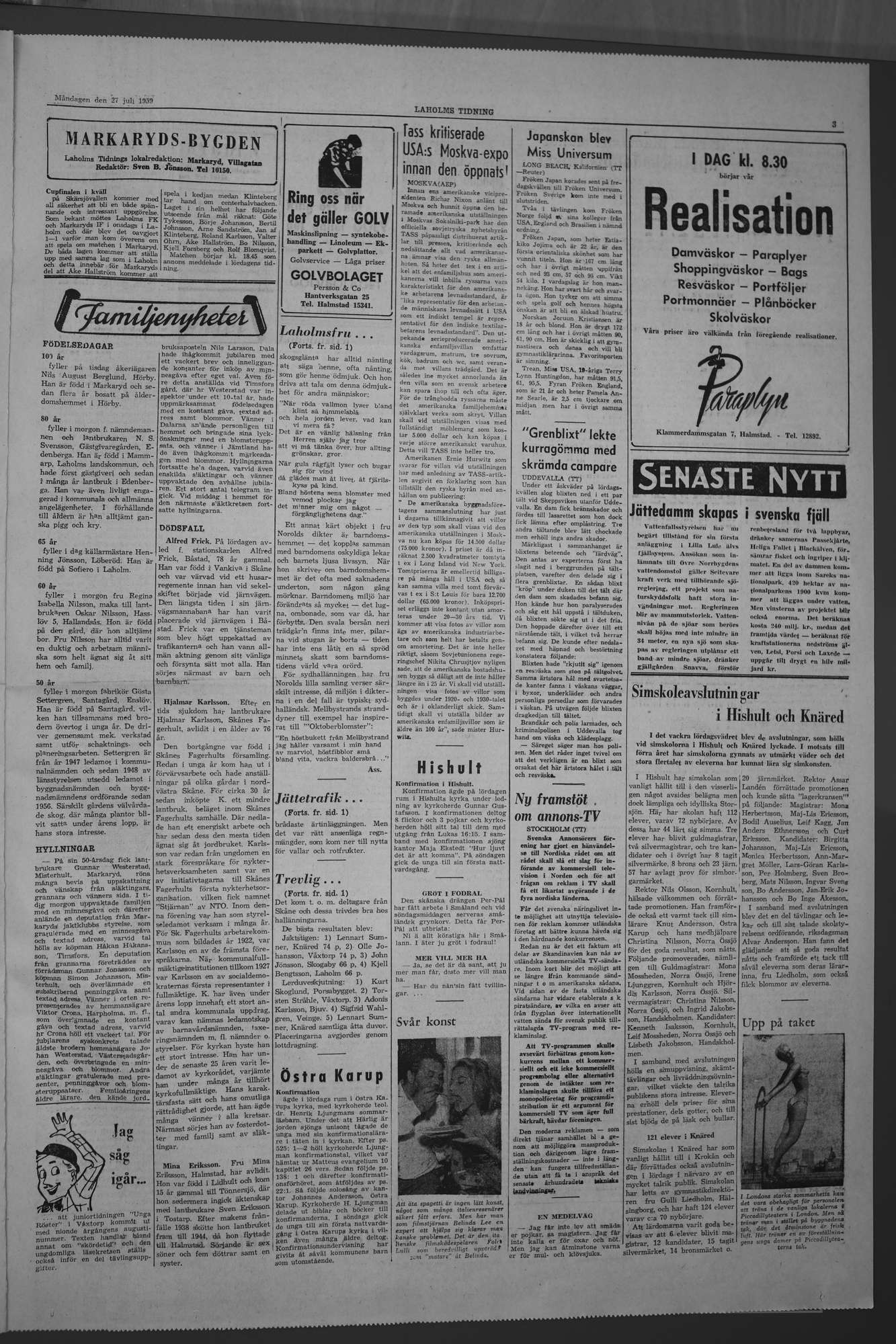Laholms Tidning Måndag 27 juli 1959, sida 3
