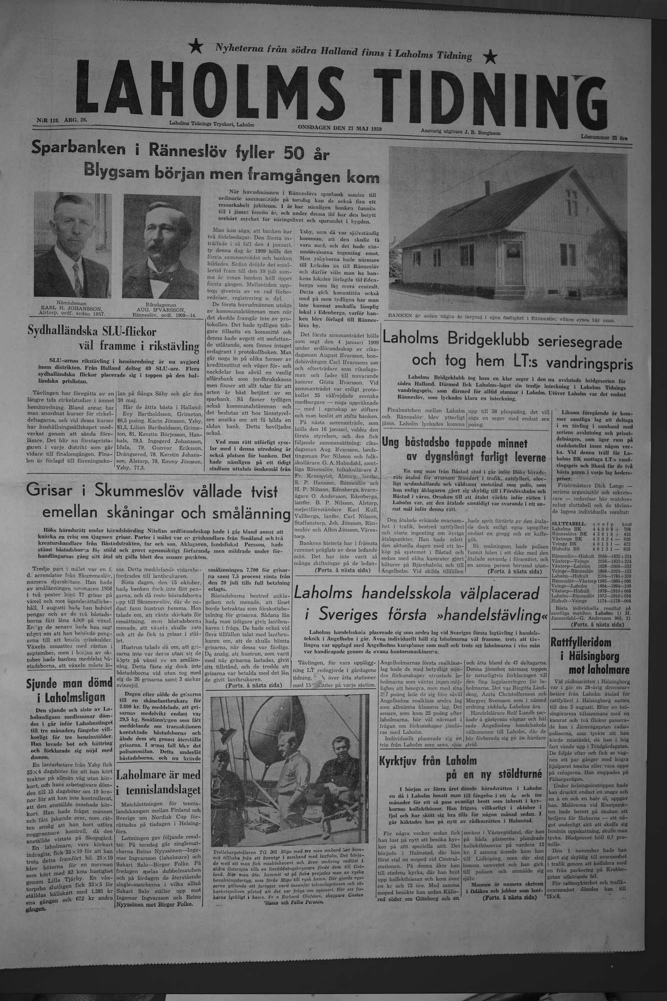 Laholms Tidning Onsdag 27 maj 1959, sida 1