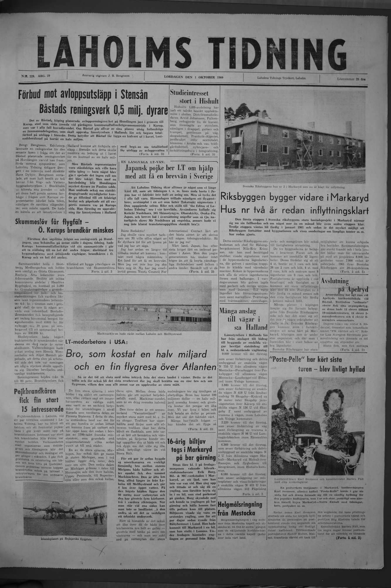 Laholms Tidning Lördag 1 oktober 1960, sida 1