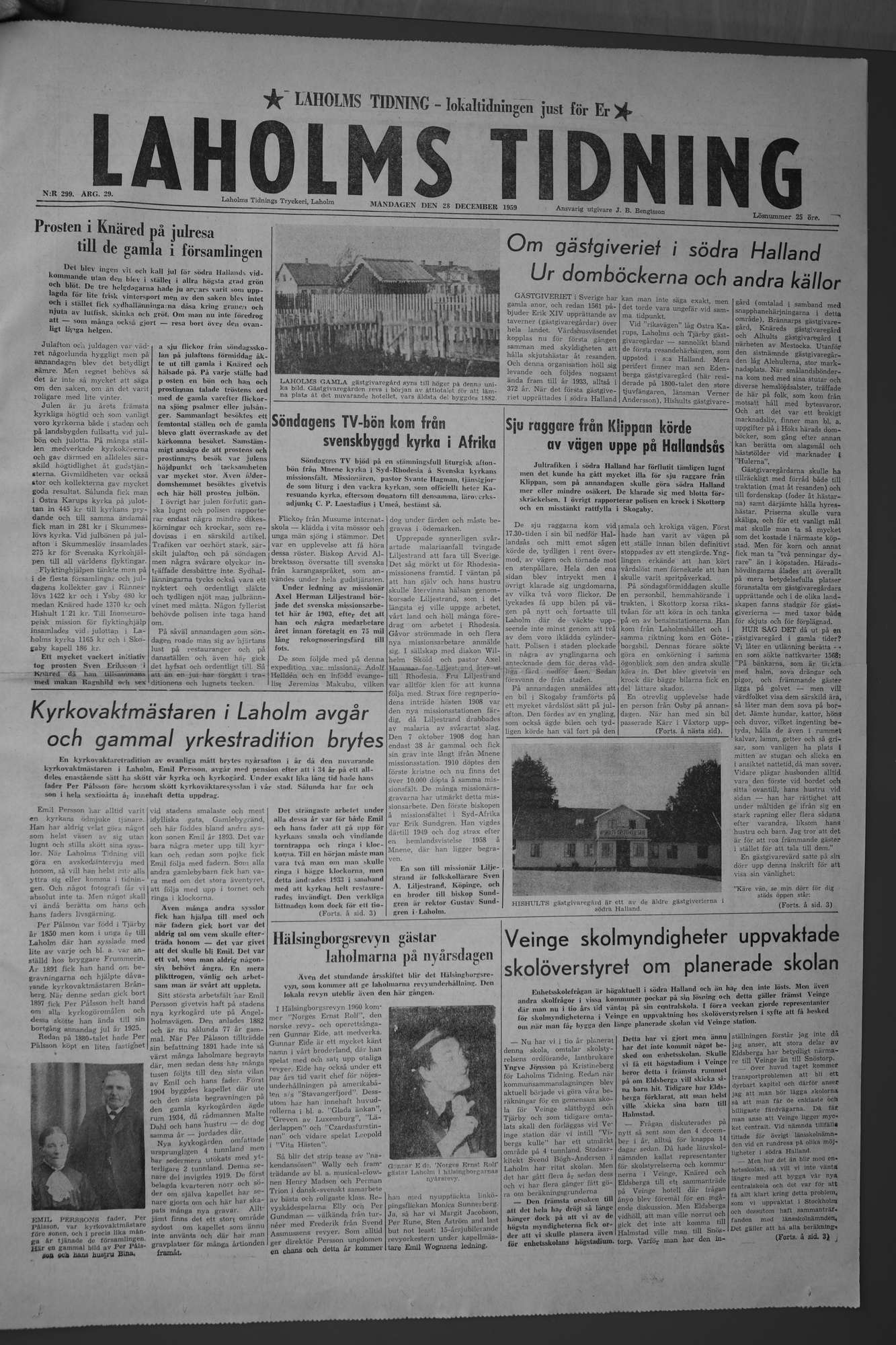 Laholms Tidning Måndag 28 december 1959, sida 1