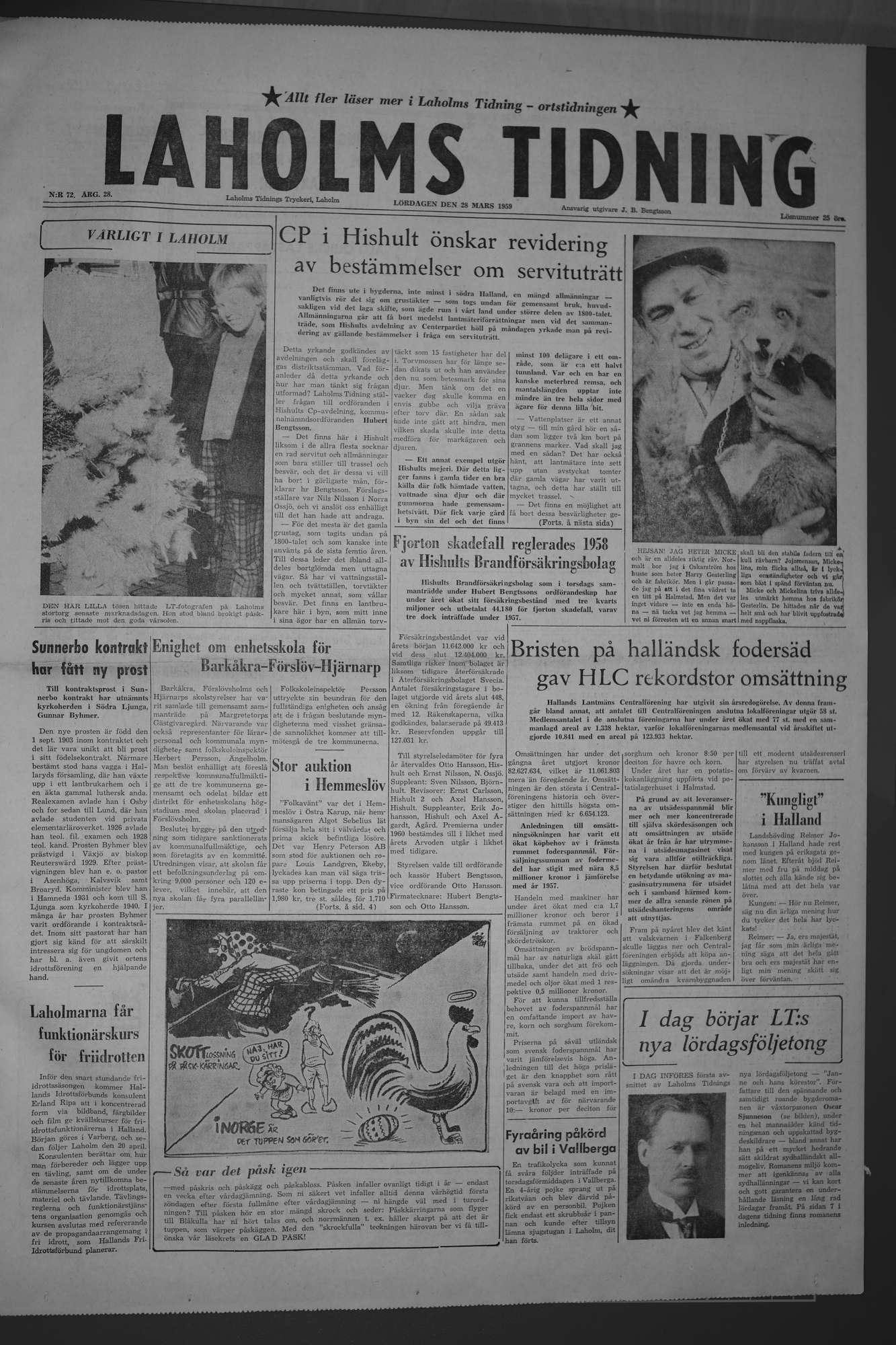Laholms Tidning Lördag 28 mars 1959, sida 1