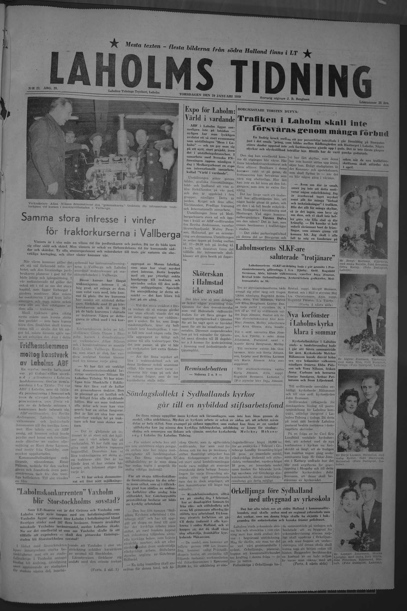 Laholms Tidning Torsdag 29 januari 1959, sida 1