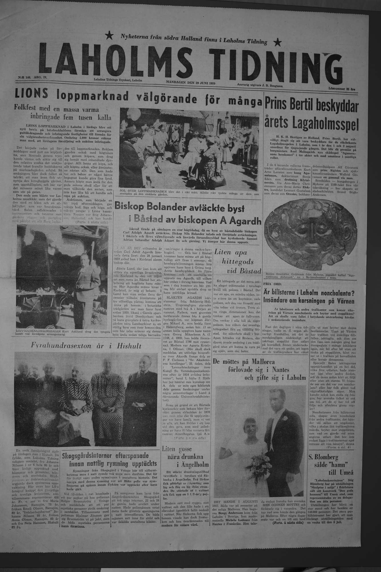 Laholms Tidning Måndag 29 juni 1959, sida 1