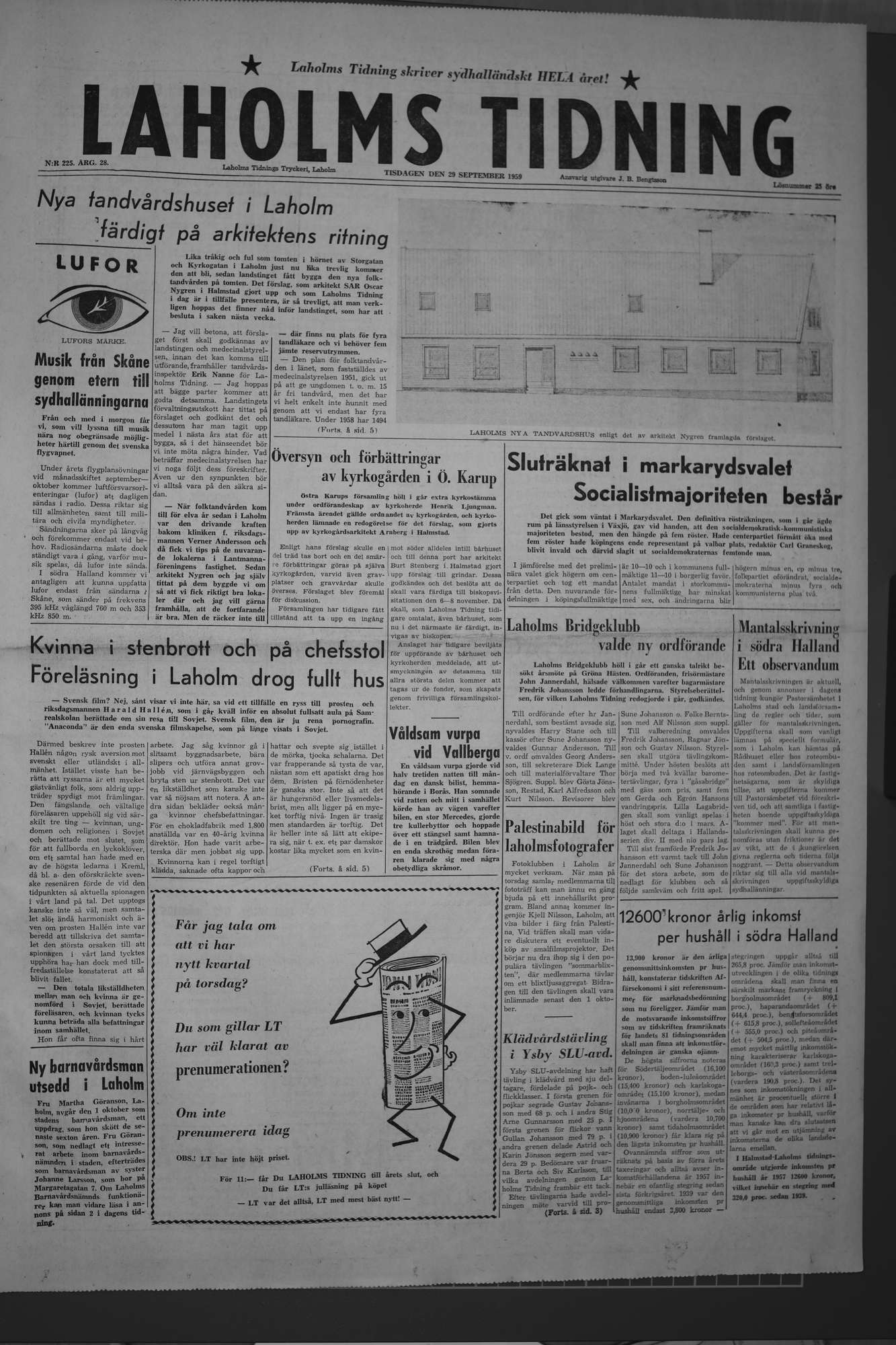 Laholms Tidning Tisdag 29 september 1959, sida 1
