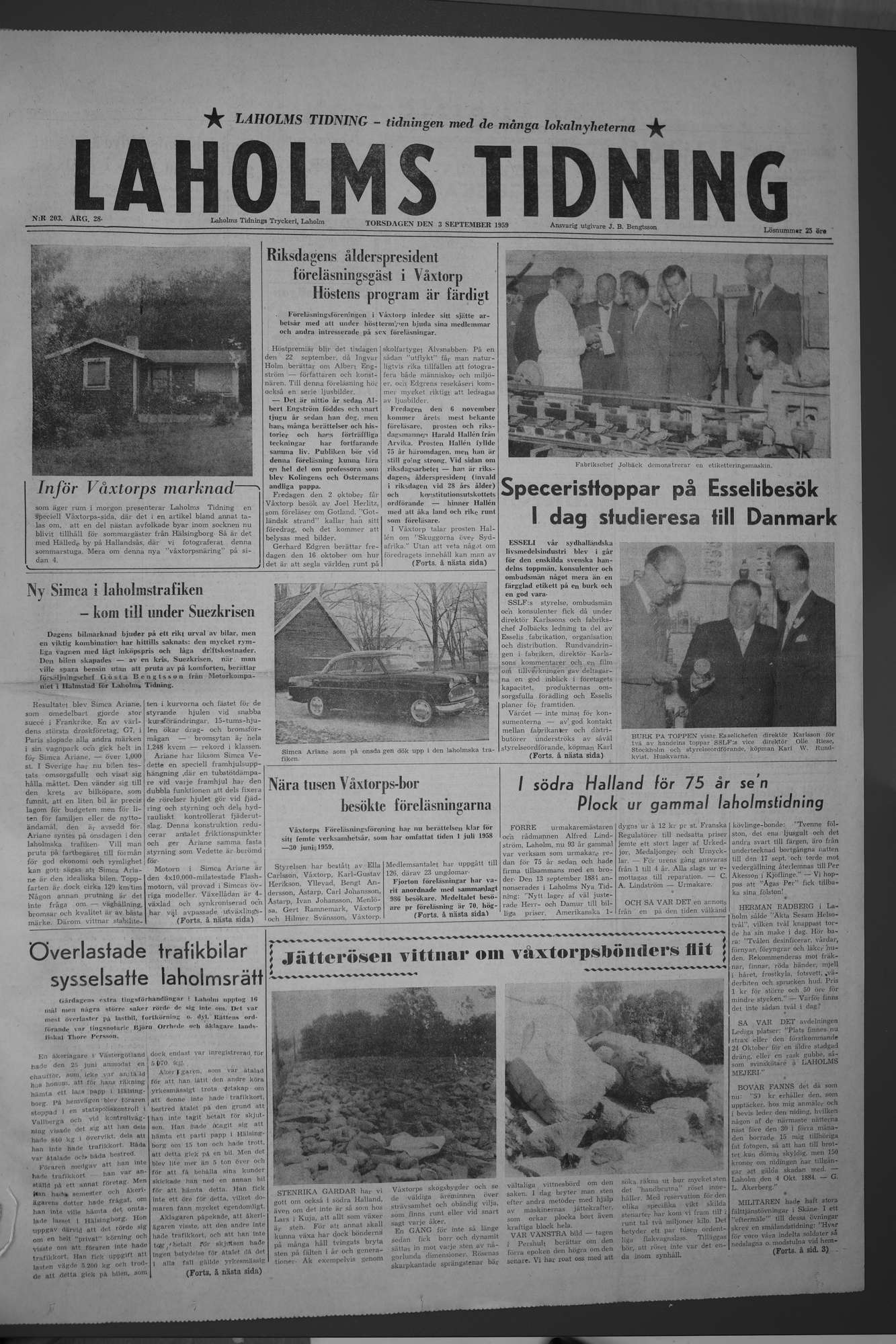 Laholms Tidning Torsdag 3 september 1959, sida 1