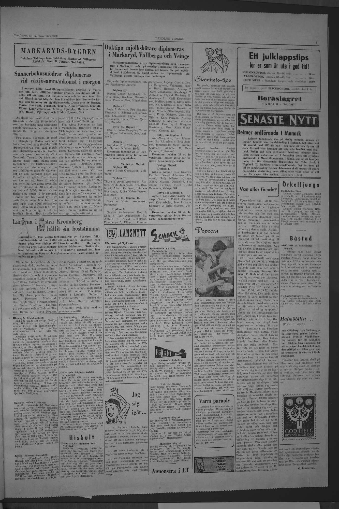 Laholms Tidning Måndag 30 november 1959, sida 3