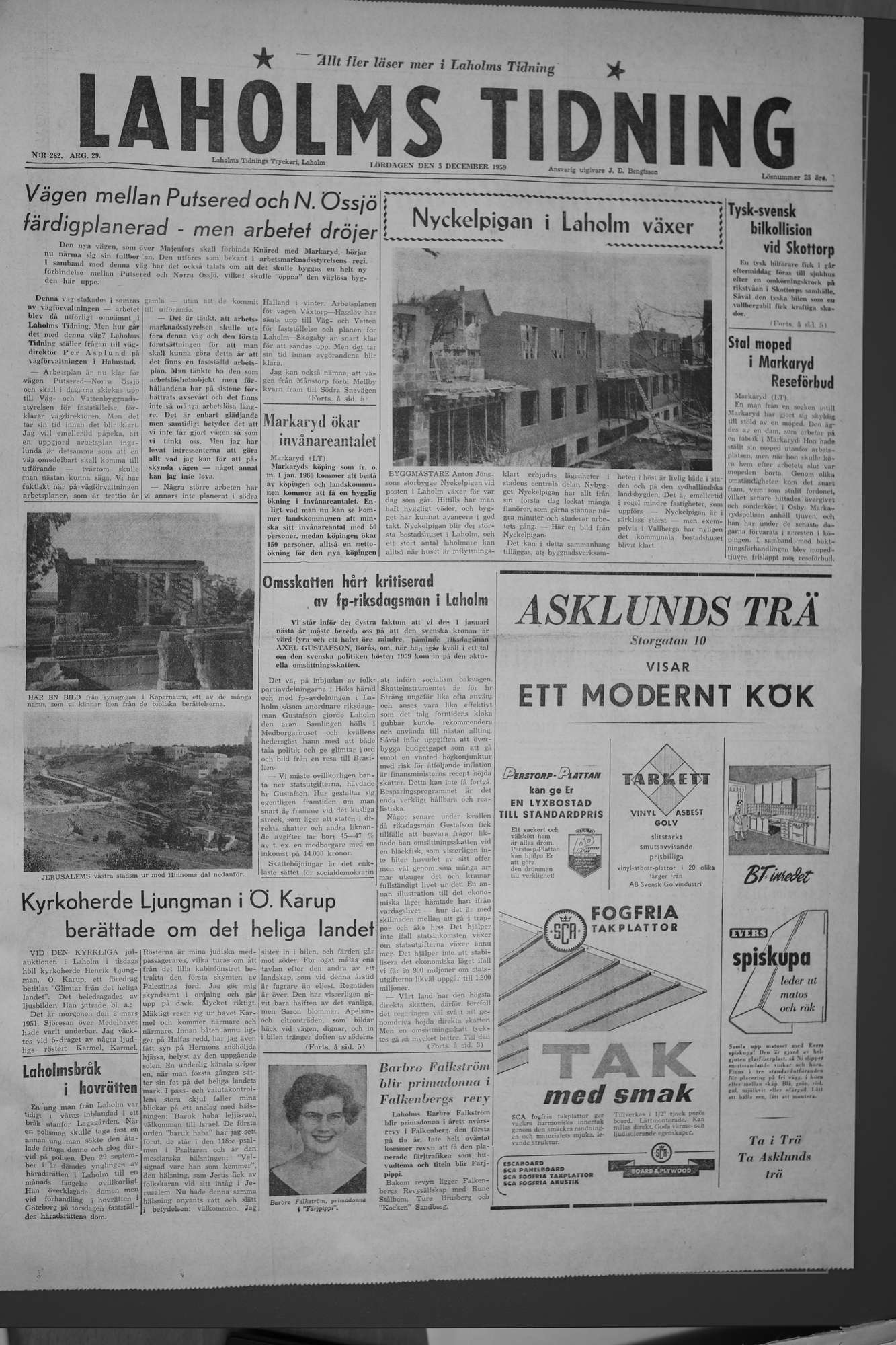 Laholms Tidning Lördag 5 december 1959, sida 1