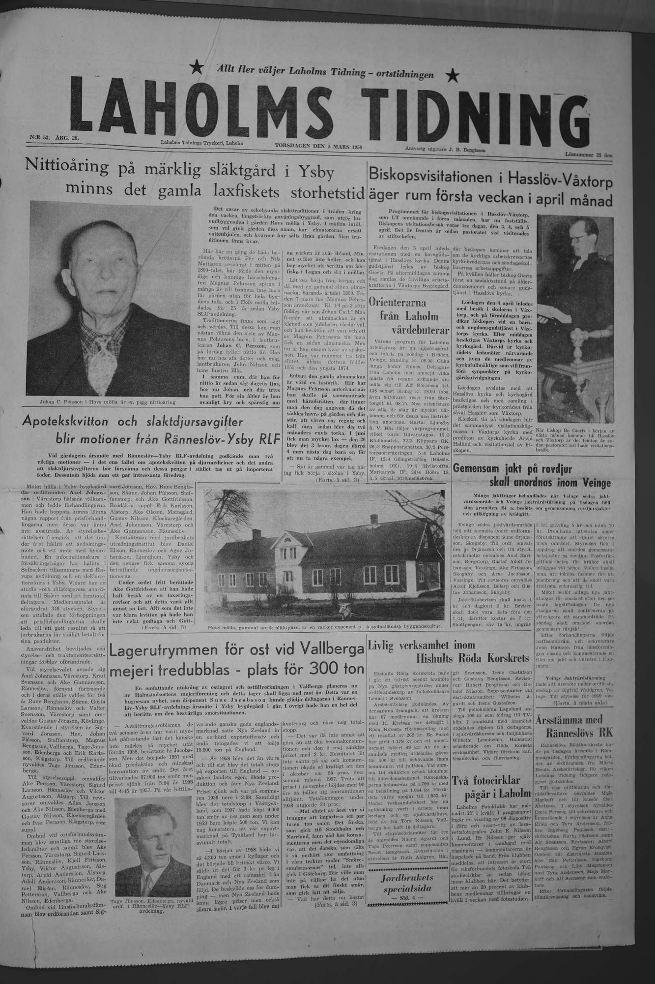 Laholms Tidning Torsdag 5 mars 1959, sida 1