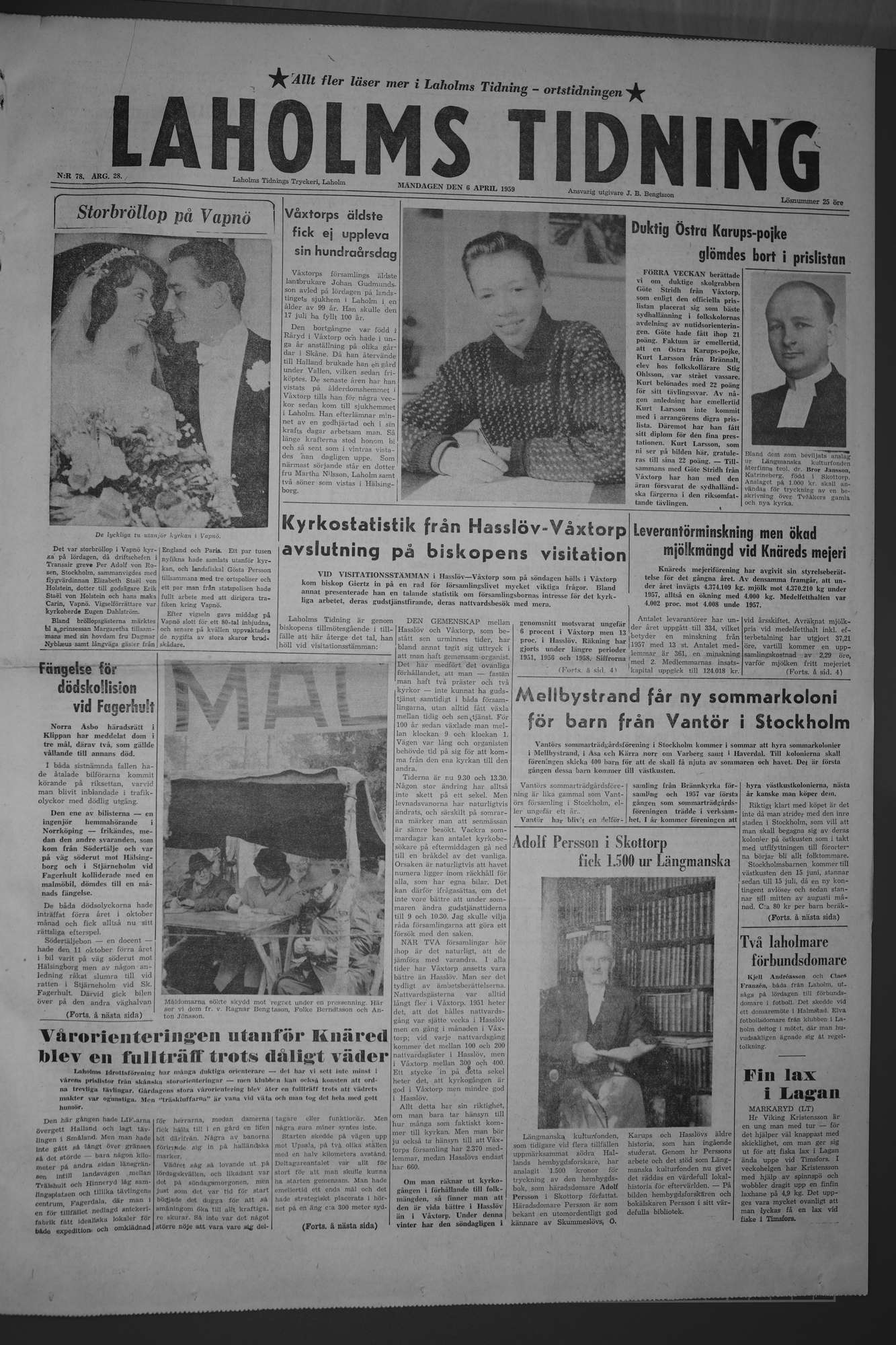 Laholms Tidning Måndag 6 april 1959, sida 1