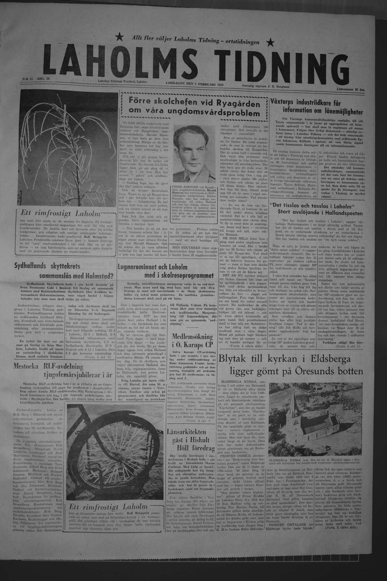 Laholms Tidning Lördag 7 februari 1959, sida 1