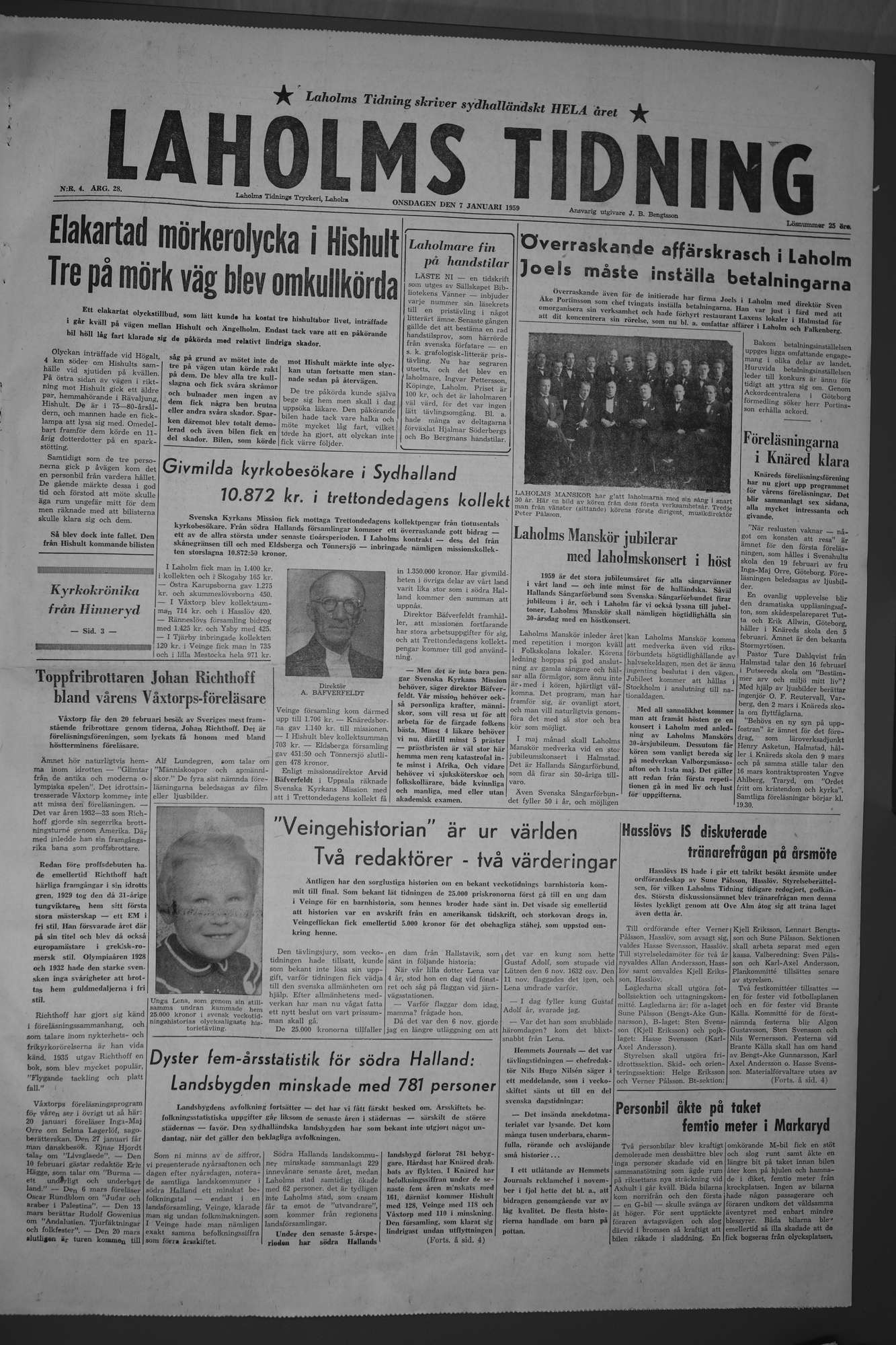 Laholms Tidning Onsdag 7 januari 1959, sida 1