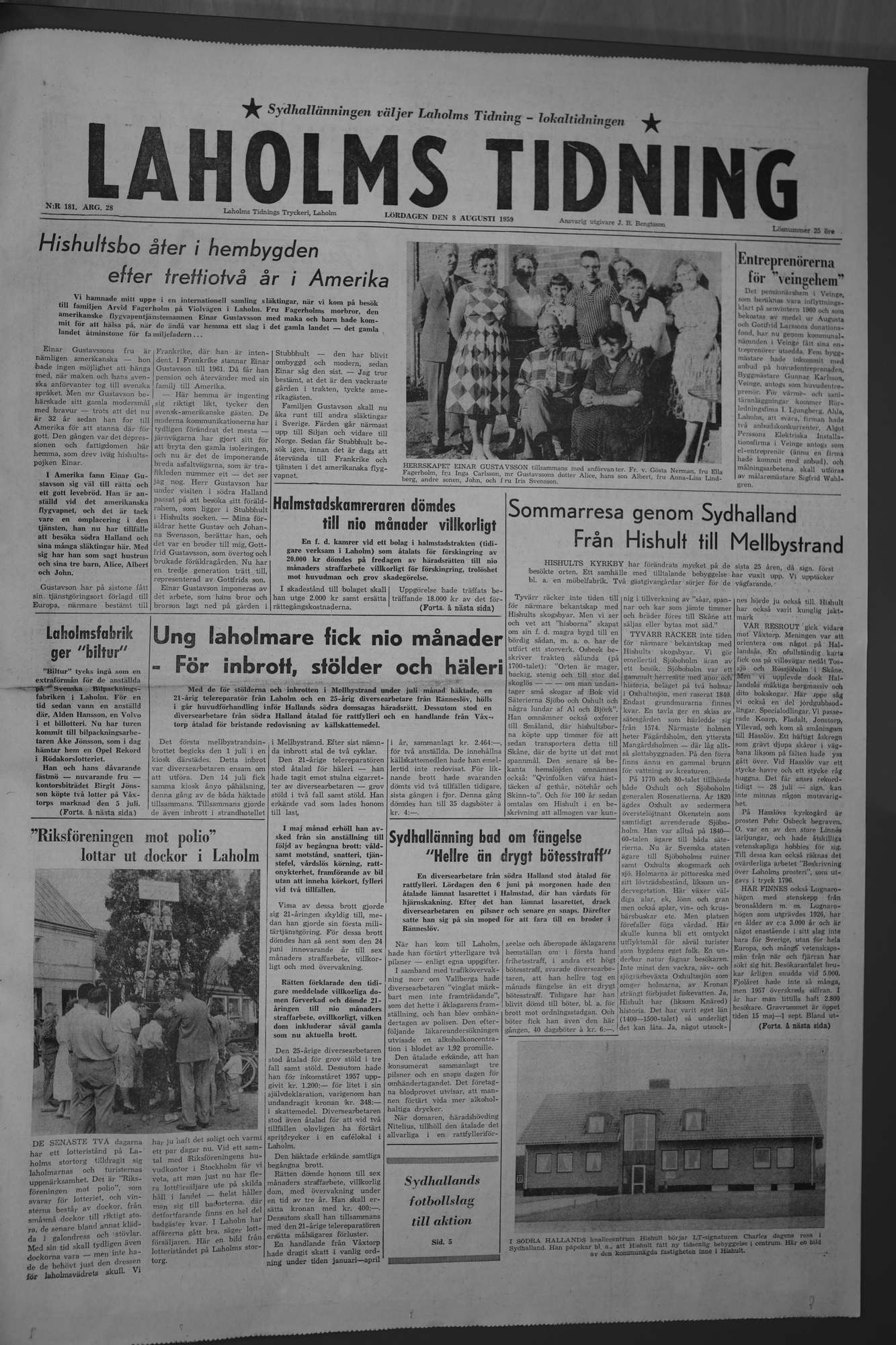 Laholms Tidning Lördag 8 augusti 1959, sida 1