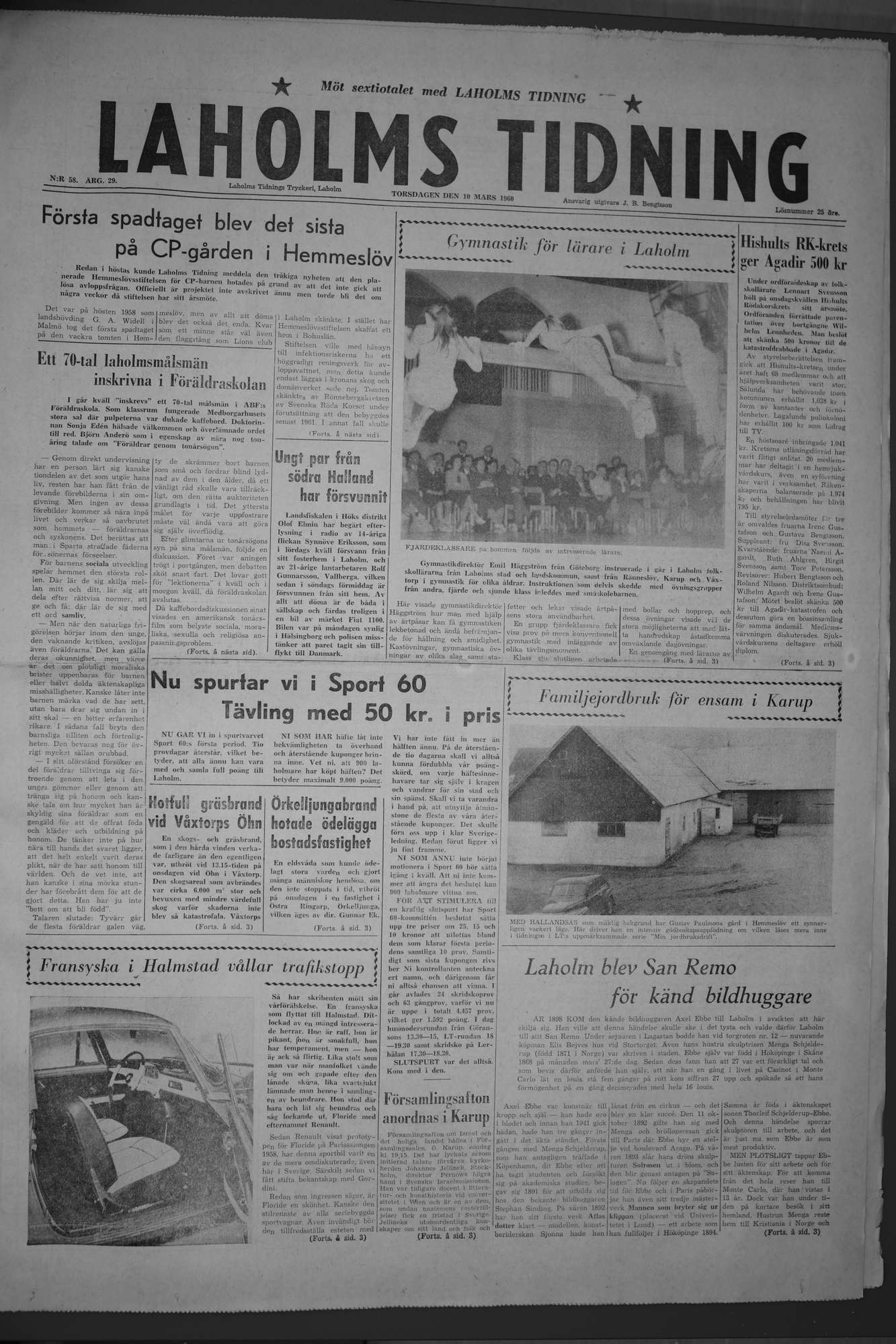 Laholms Tidning Torsdag 10 mars 1960, sida 1