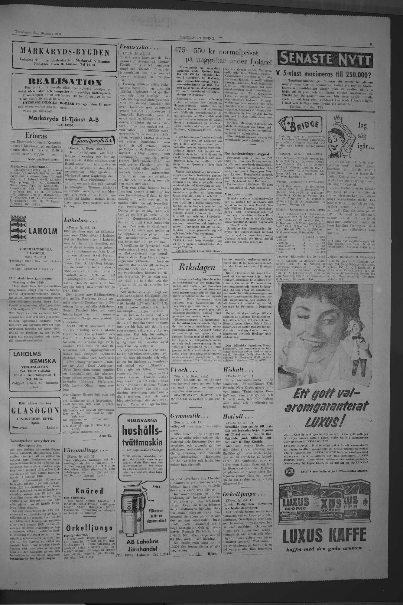 Laholms Tidning Torsdag 10 mars 1960, sida 3